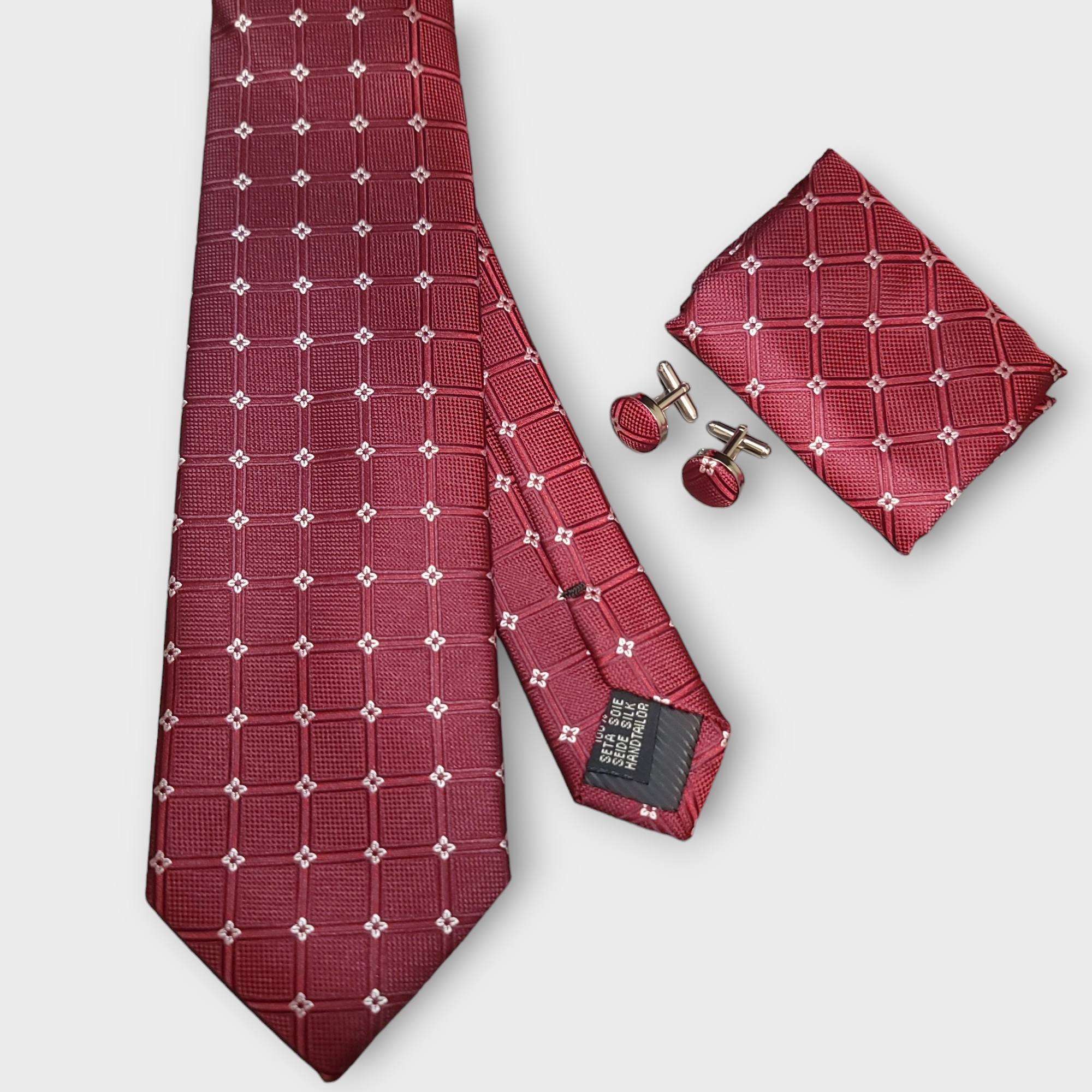 Wine Red Plaid Floral Silk Tie Pocket Square Cufflink Set