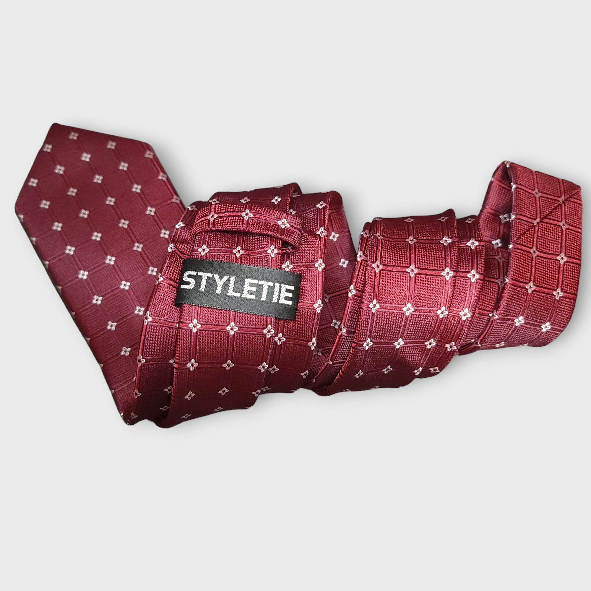 Wine Red Plaid Floral Silk Tie Pocket Square Cufflink Set