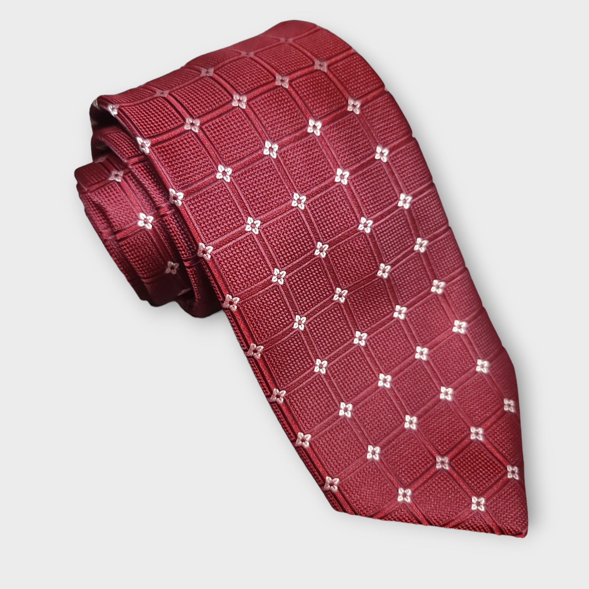 Wine Red Plaid Floral Silk Tie Pocket Square Cufflink Set