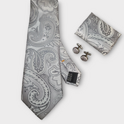 Gray Paisley Silk Tie Pocket Square Cufflinks Set