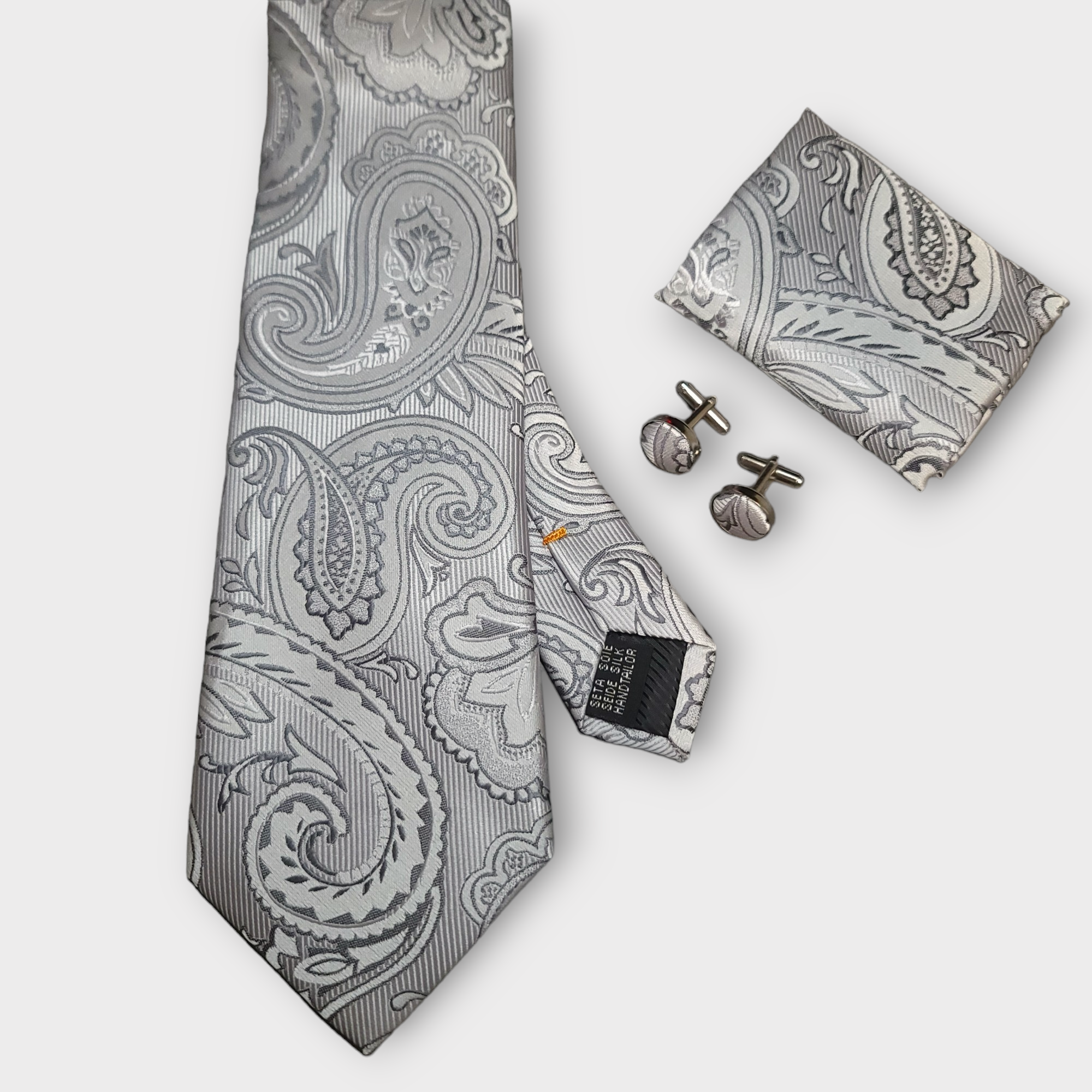 Gray Paisley Silk Tie Pocket Square Cufflinks Set