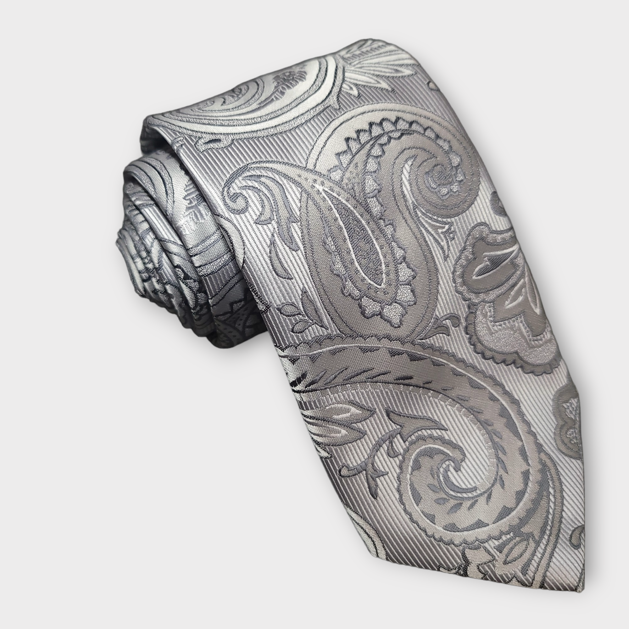 Gray Paisley Silk Tie Pocket Square Cufflinks Set