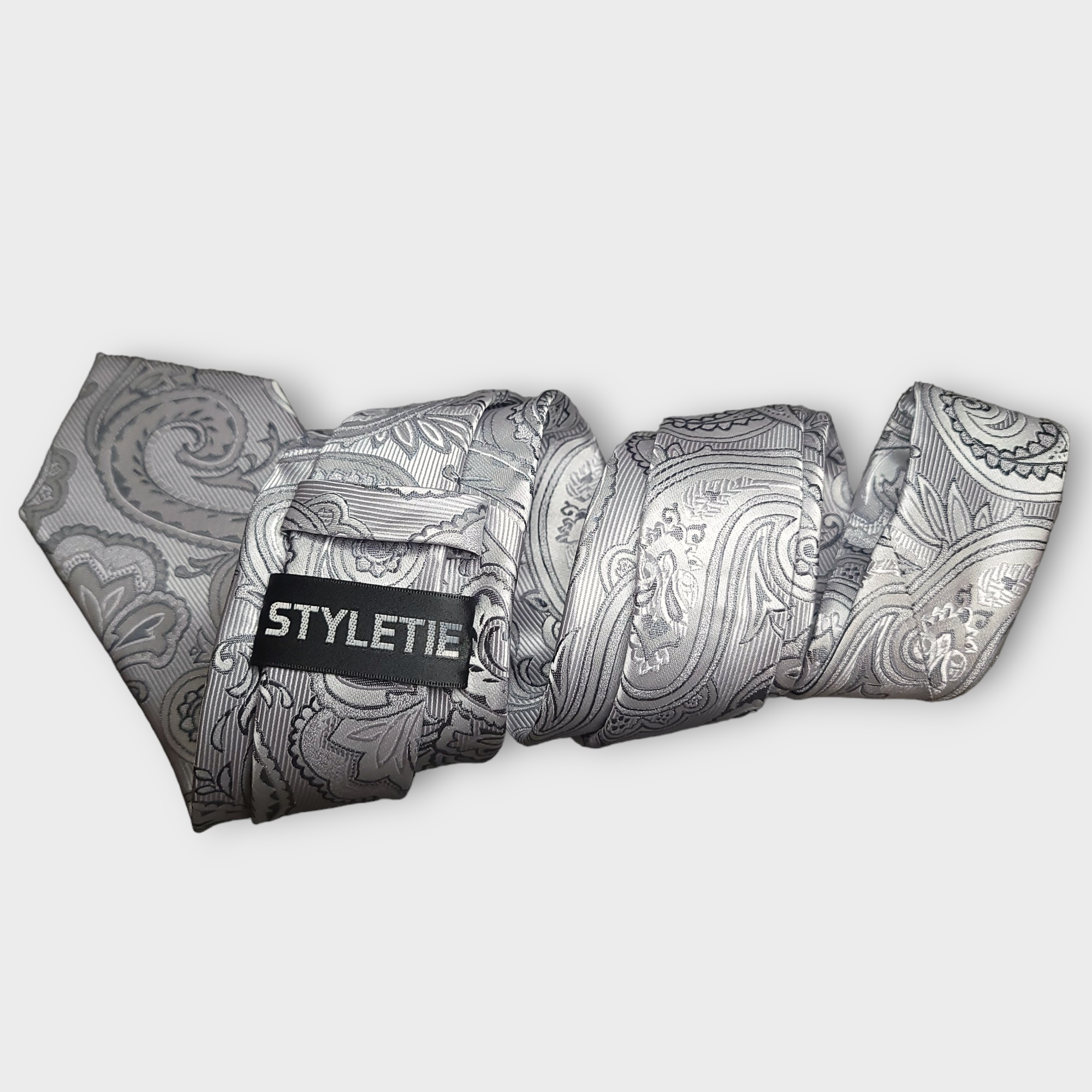 Gray Paisley Silk Tie Pocket Square Cufflinks Set