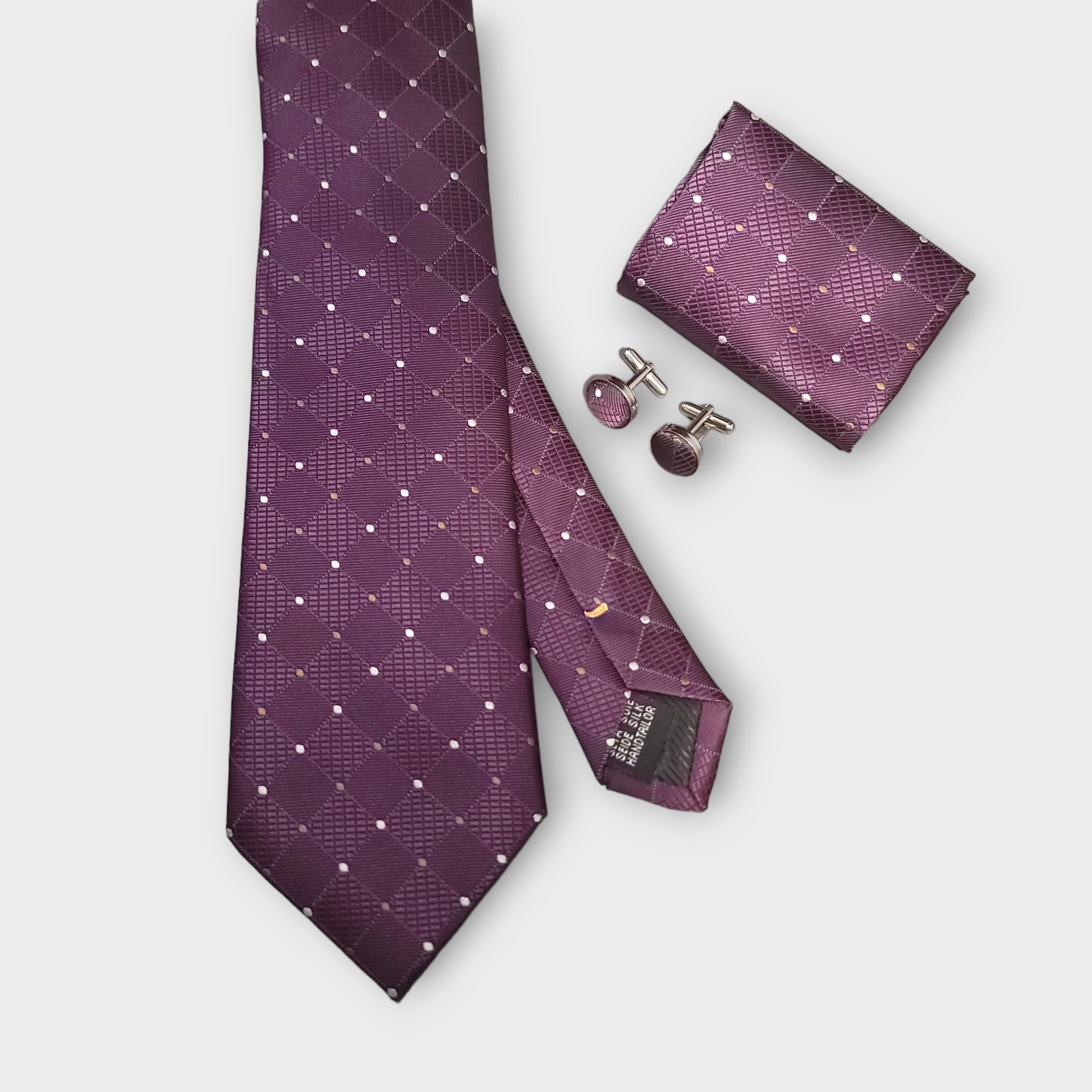 Purple Plaid Polka Dot Silk Tie Pocket Square Cufflink Set