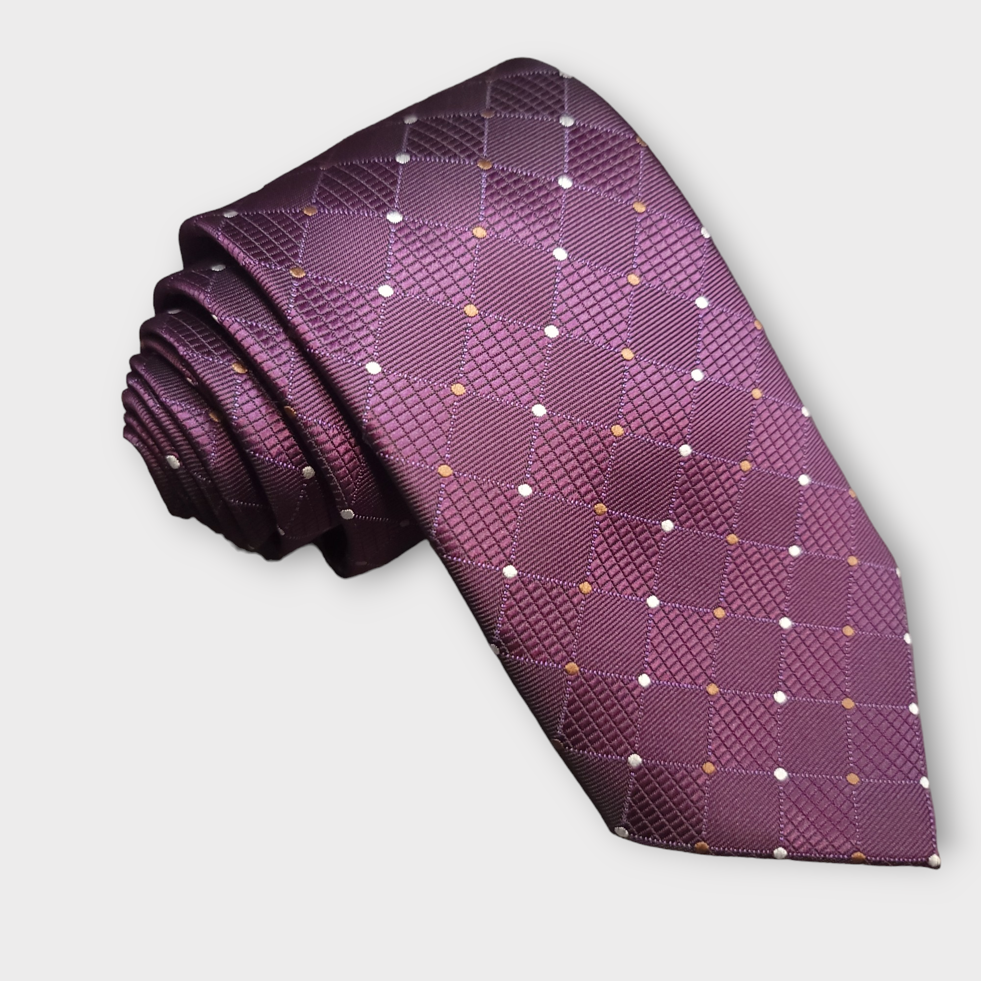 Purple Plaid Polka Dot Silk Tie Pocket Square Cufflink Set