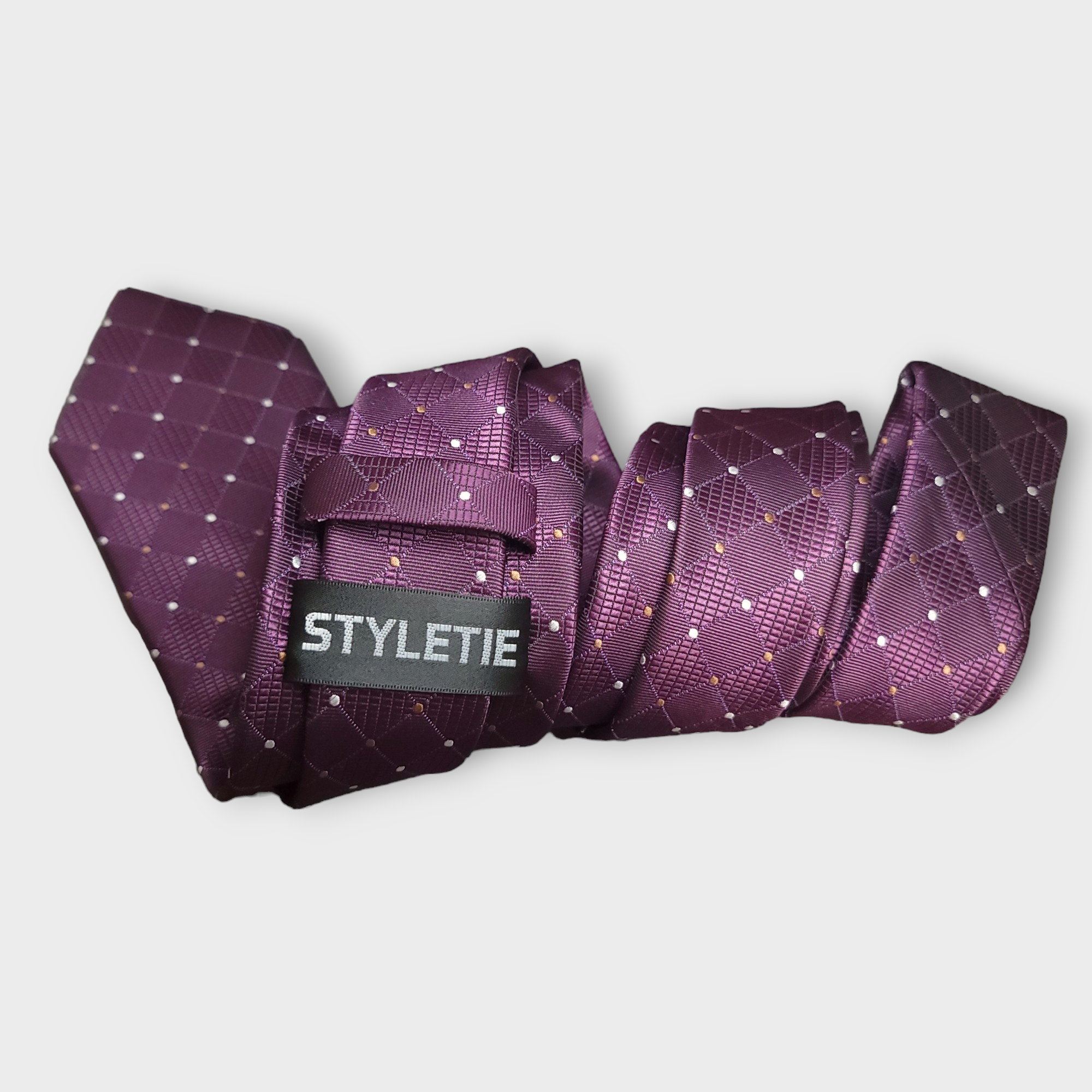 Purple Plaid Polka Dot Silk Tie Pocket Square Cufflink Set