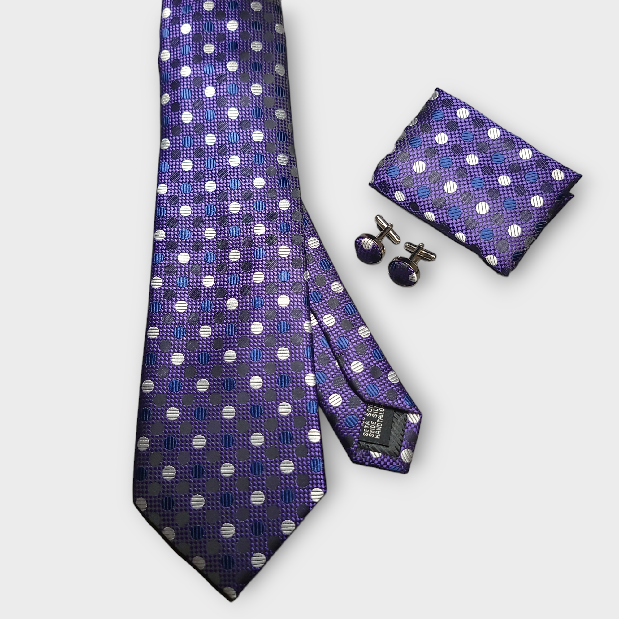 Purple Polka Dot Silk Tie Pocket Square Cufflink Set