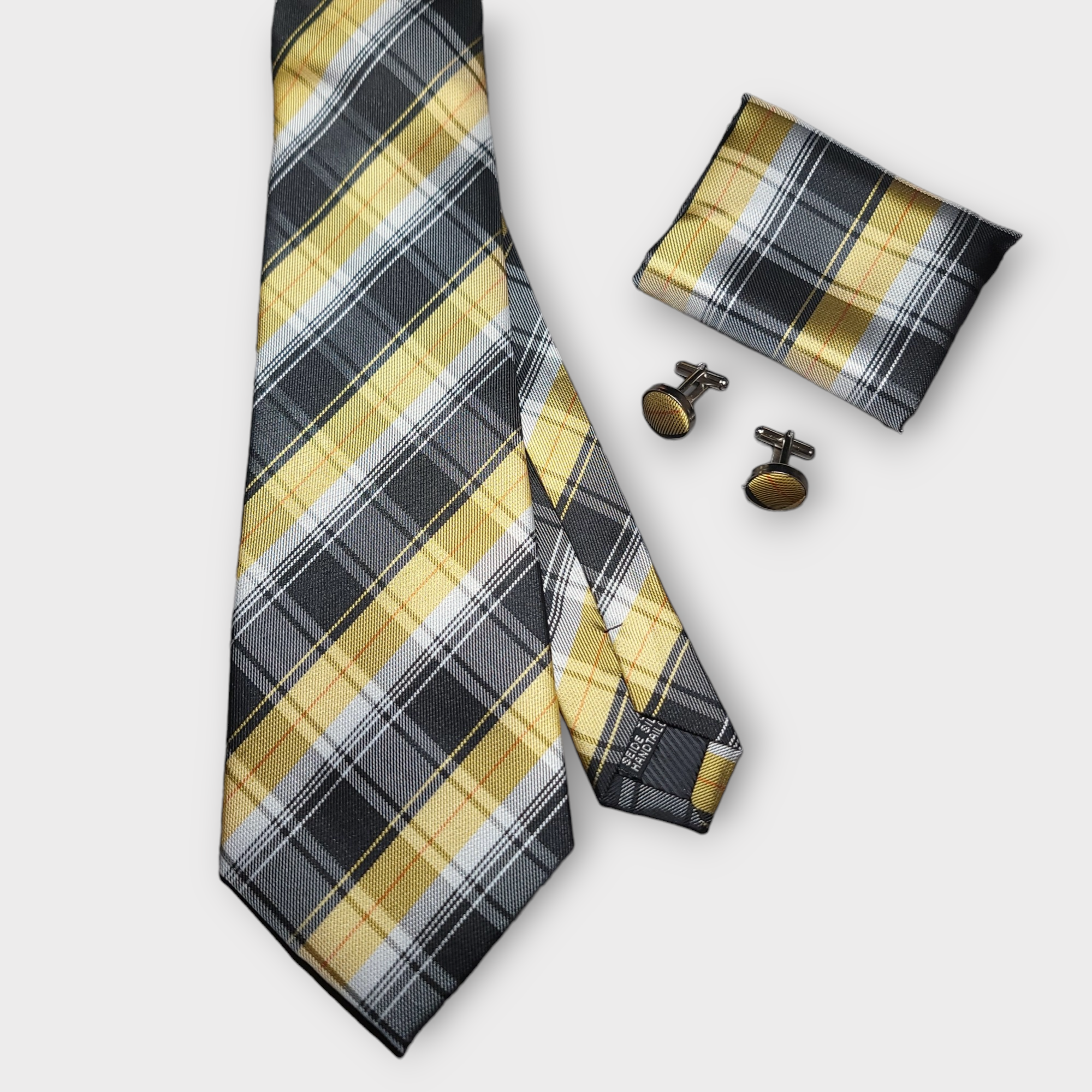 Black Yellow Stripe Silk Tie Pocket Square Cufflink Set