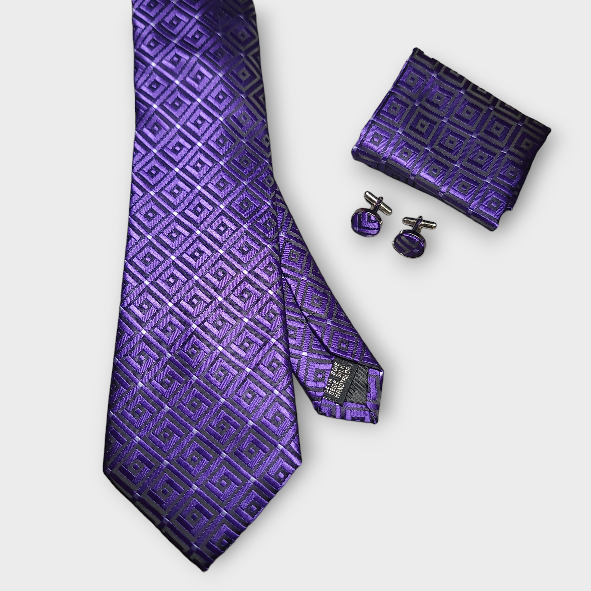 Purple Geometric Silk Tie Pocket Square Cufflink Set