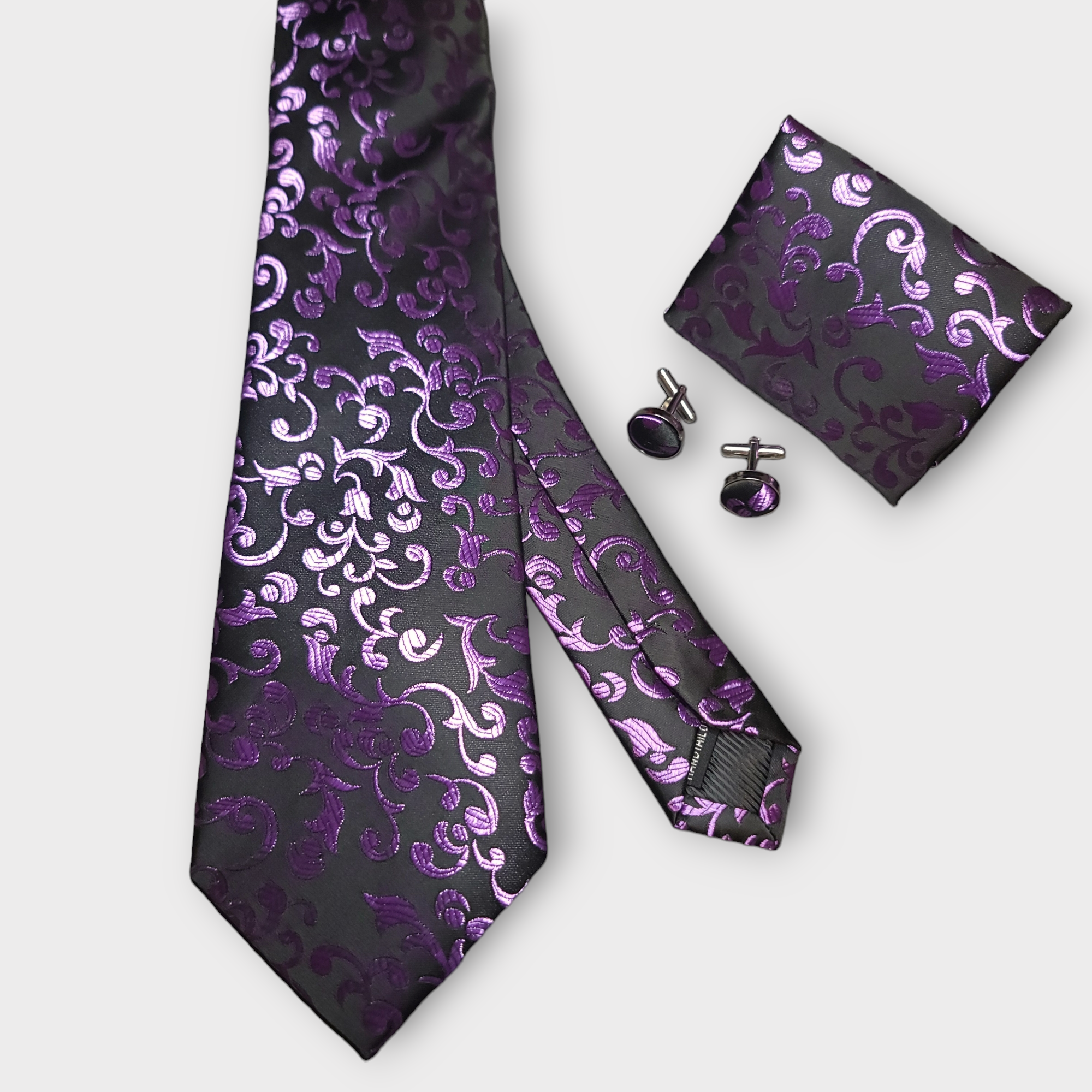 Black Purple Flower Silk Tie Pocket Square Cufflink Set