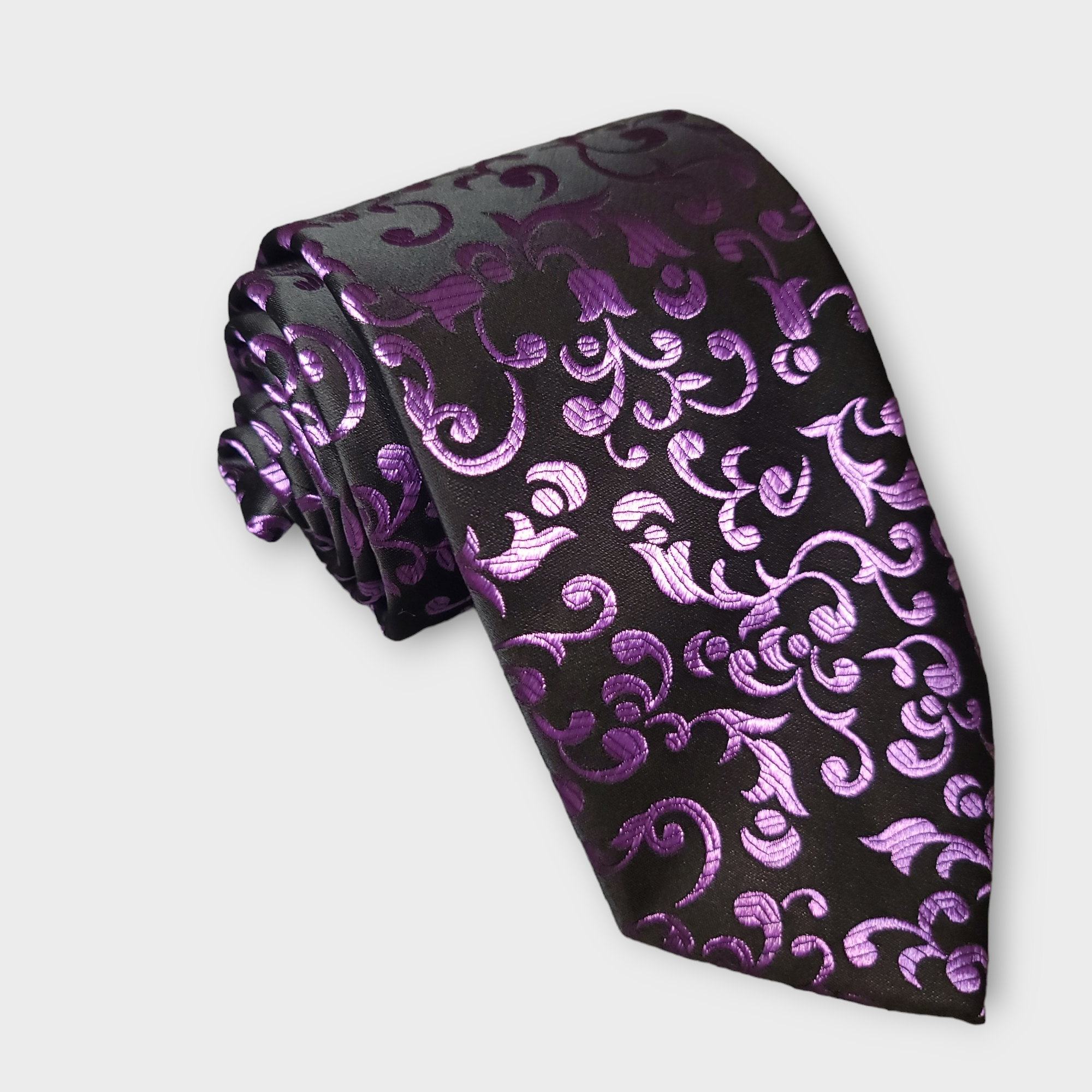 Black Purple Floral Silk Tie Pocket Square Cufflink Set