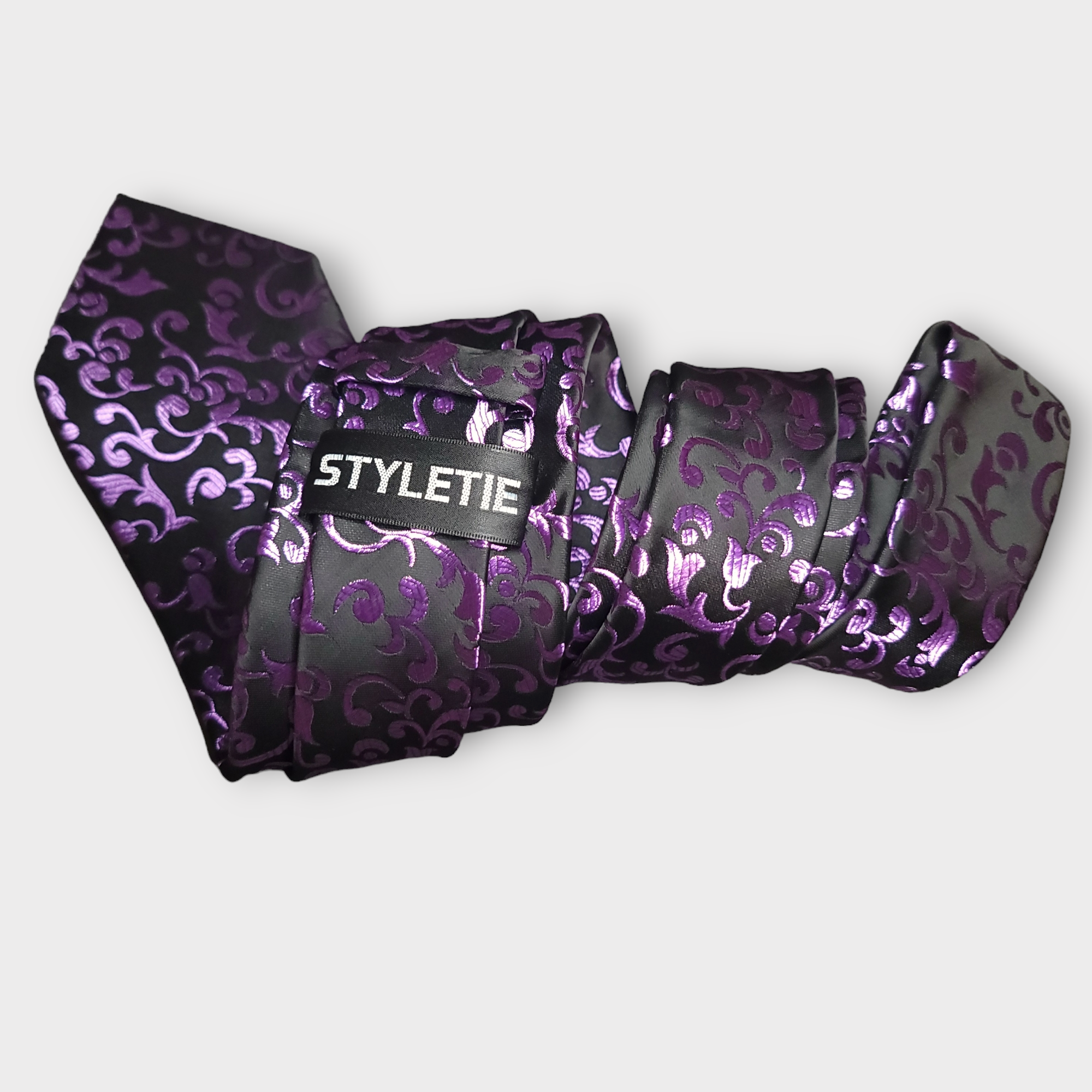 Black Purple Floral Silk Tie Pocket Square Cufflink Set