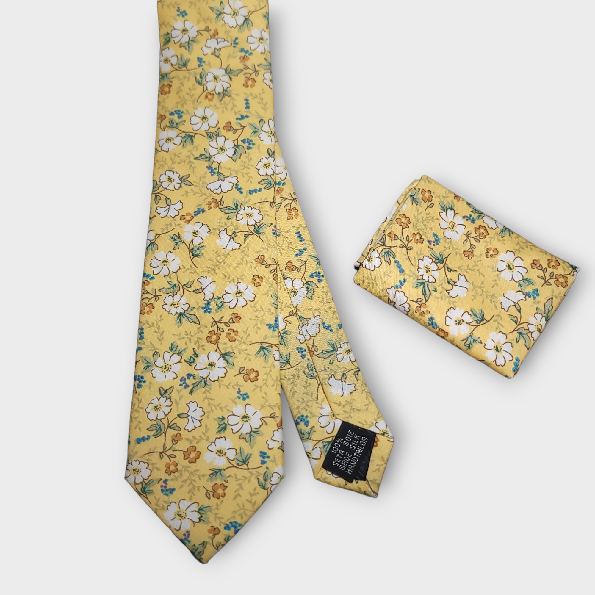 Yellow White Floral Slim Tie Pocket Square Set
