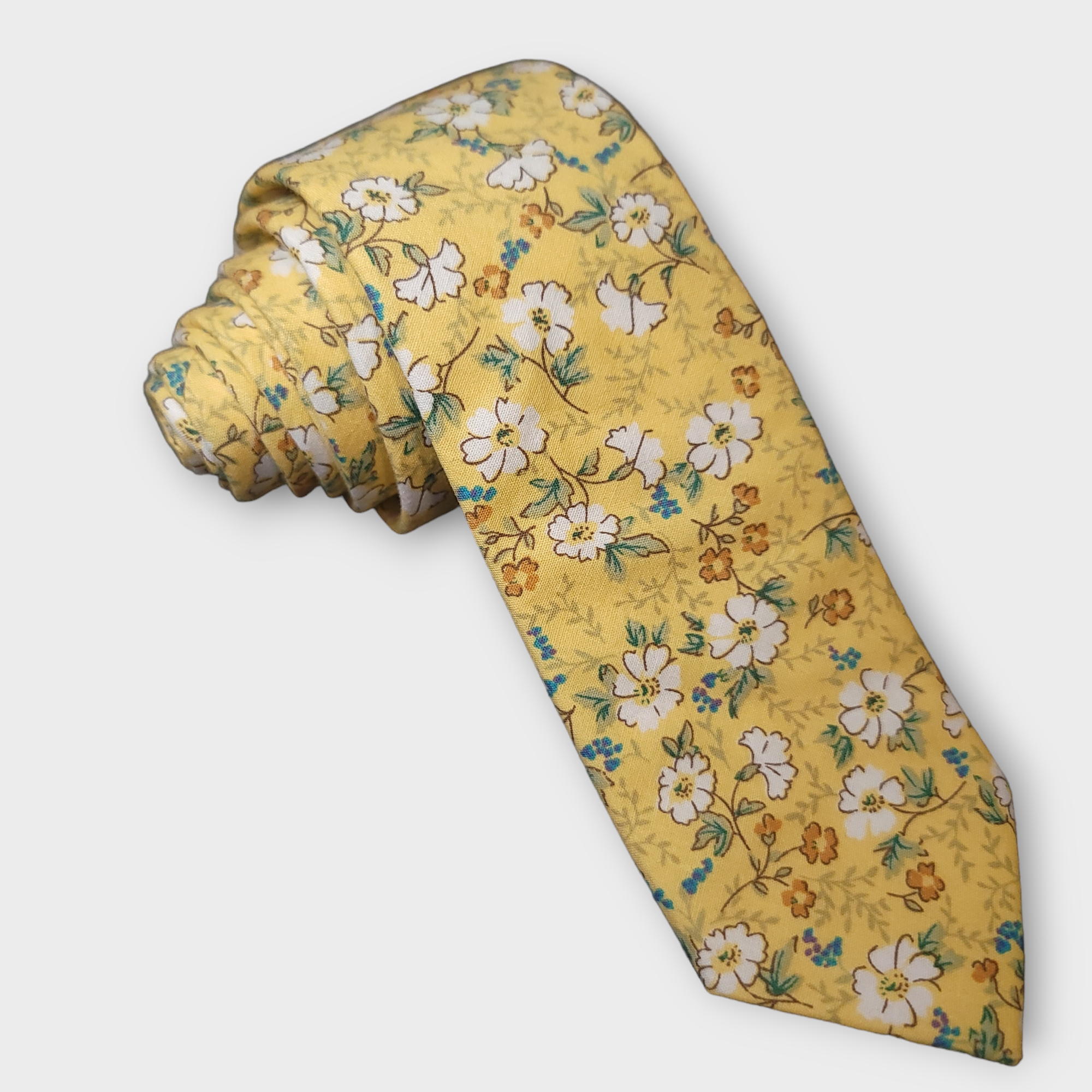 Yellow White Floral Slim Tie Pocket Square Set