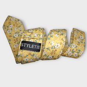 Yellow White Floral Slim Tie Pocket Square Set