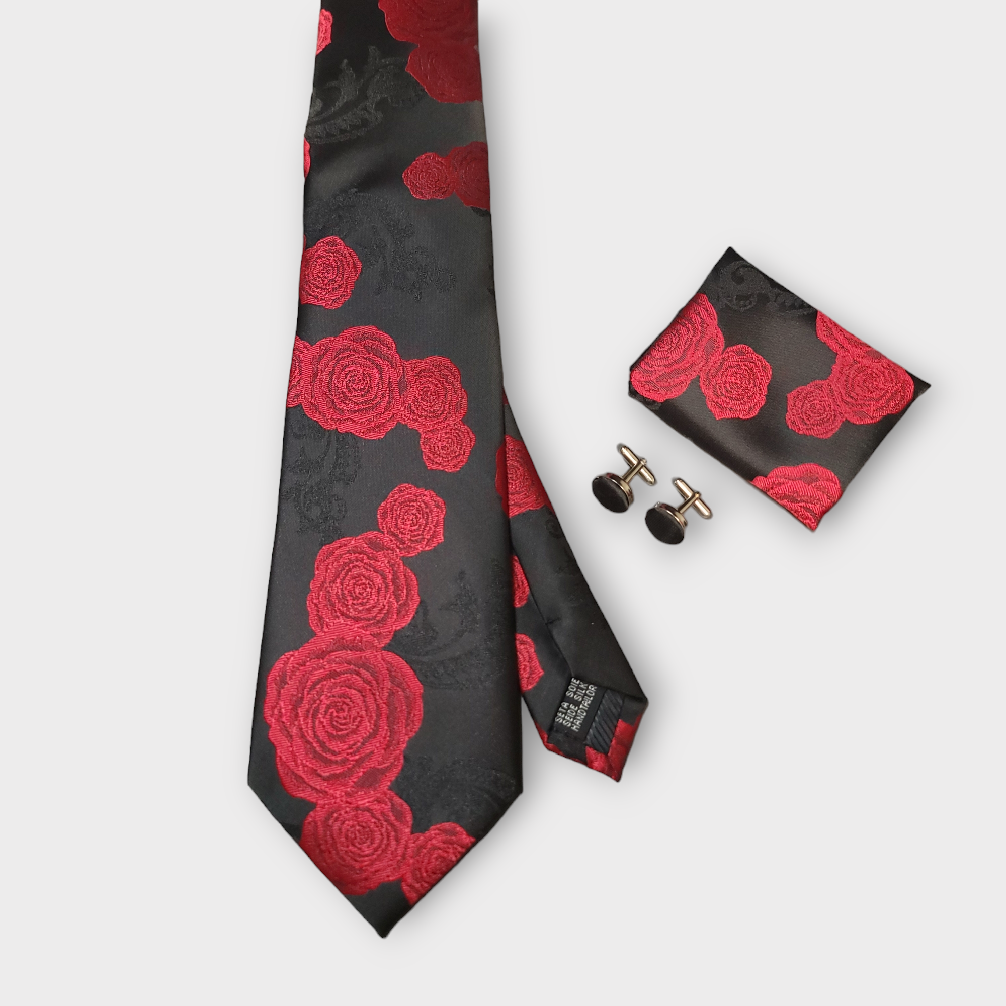 Black Red Peonies Floral Silk Tie Pocket Square Cufflink Set
