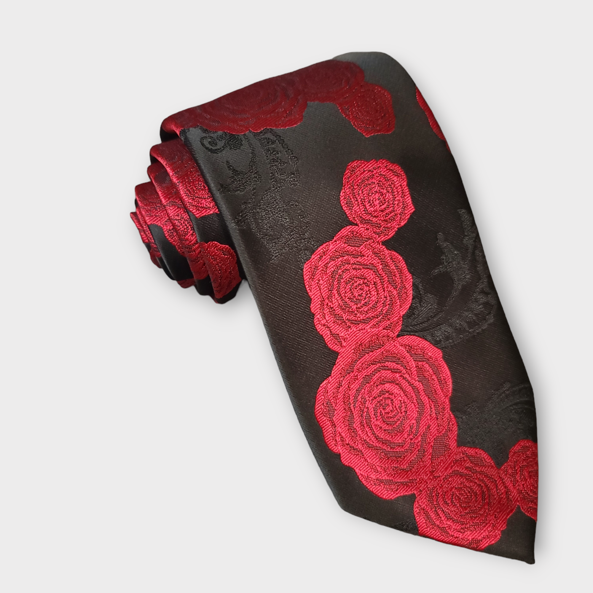 Black Red Peonies Floral Silk Tie Pocket Square Cufflink Set
