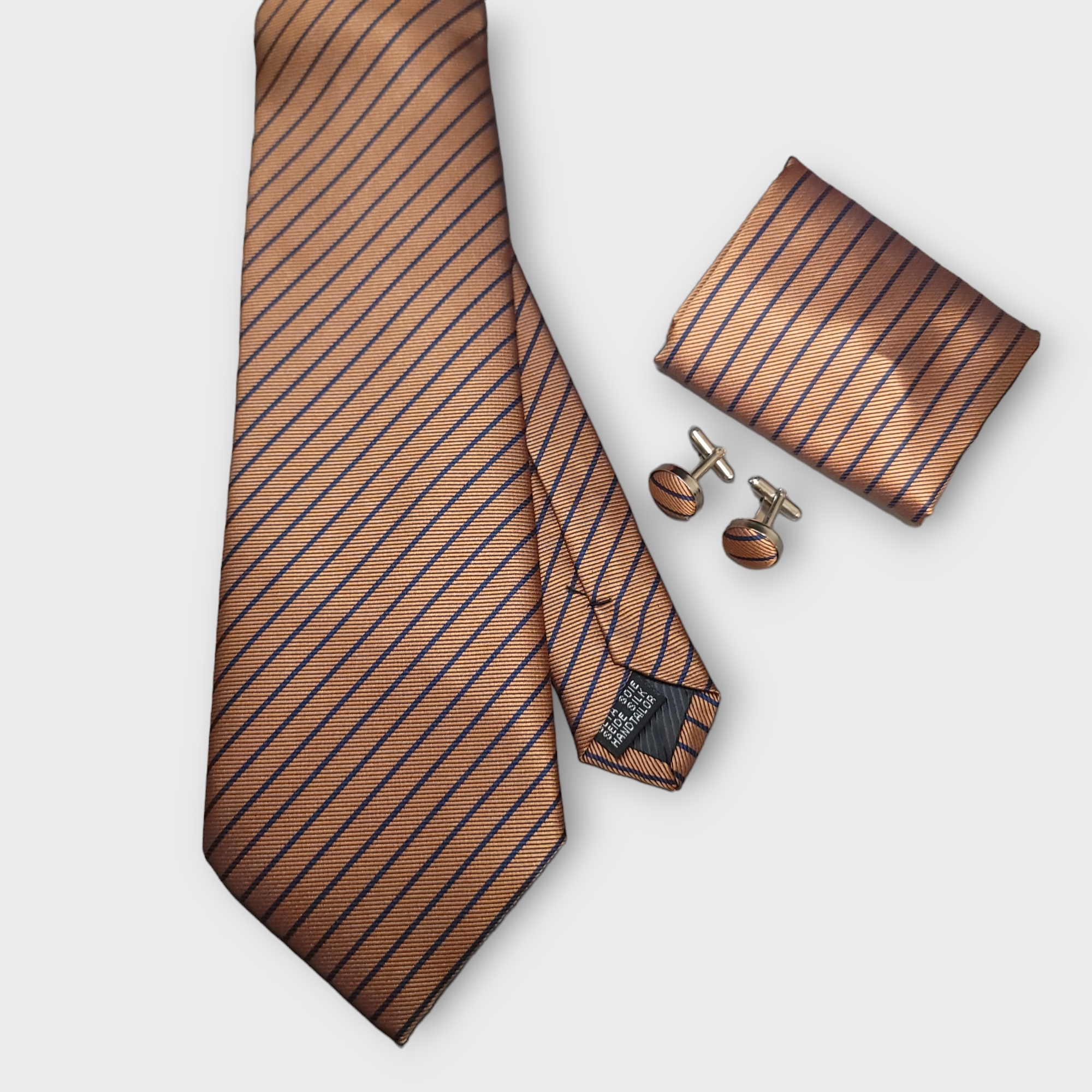 Brown Stripe Silk Tie Pocket Square Cufflink Set