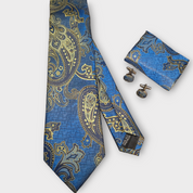 Blue Gold Paisley Silk Tie Pocket Square Cufflink Set