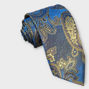 Blue Gold Paisley Silk Tie Pocket Square Cufflink Set