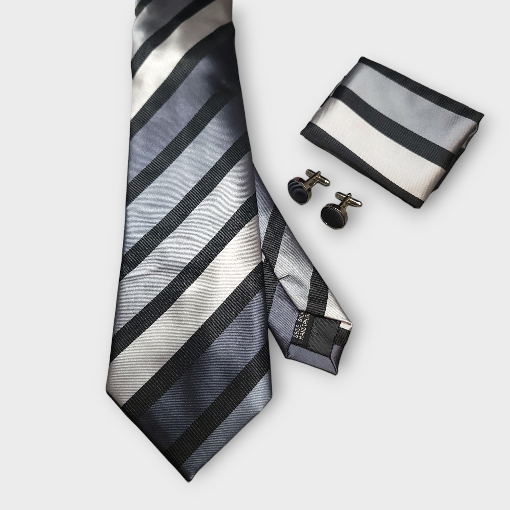 Black Silver Gray Stripe Silk Tie Pocket Square Cufflink Set