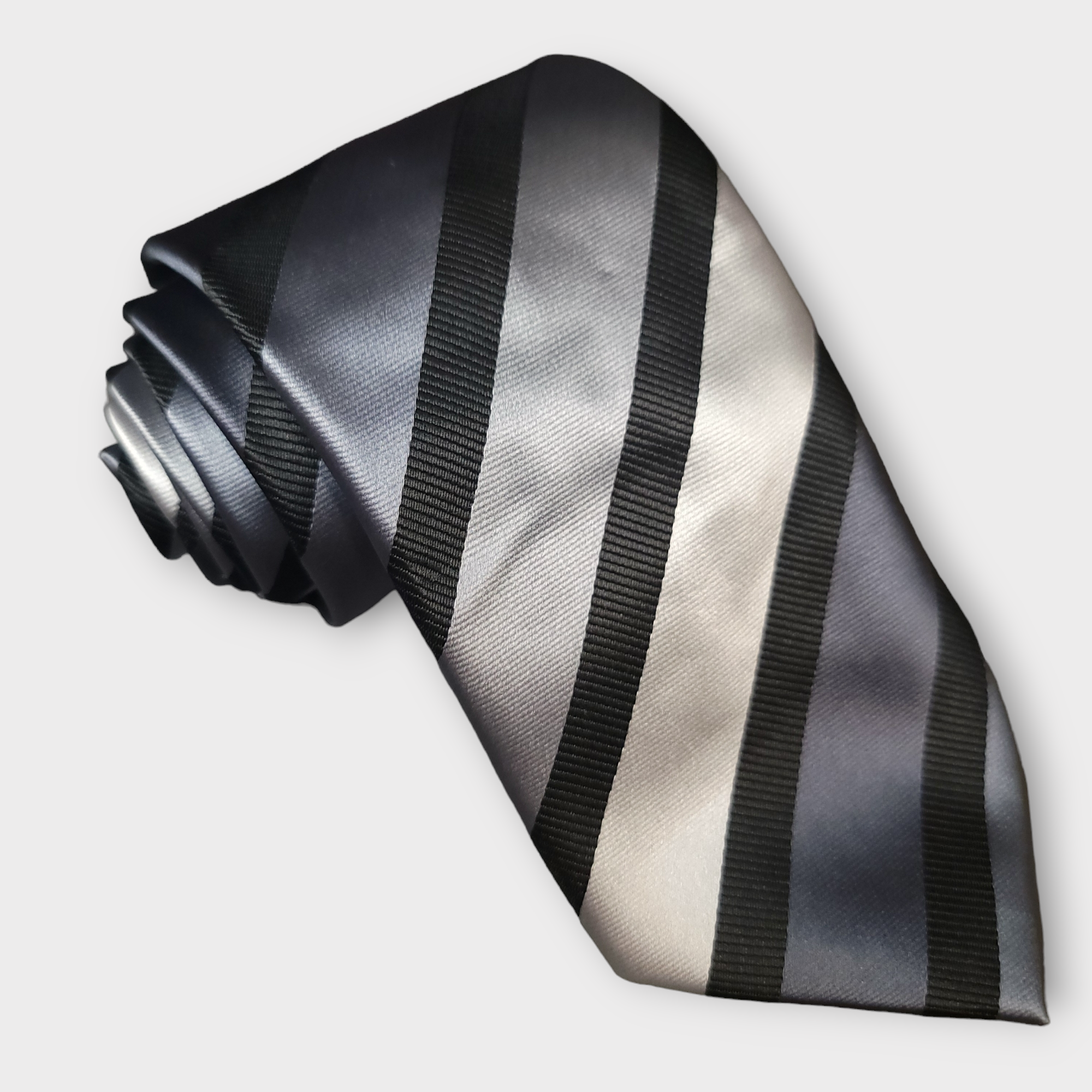 Black Silver Gray Stripe Silk Tie Pocket Square Cufflink Set