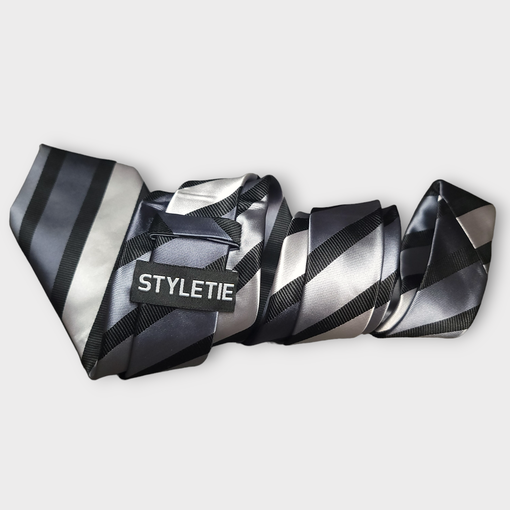 Black Silver Gray Stripe Silk Tie Pocket Square Cufflink Set