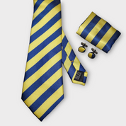 Blue Yellow Stripe Silk Tie Pocket Square Cufflink Set