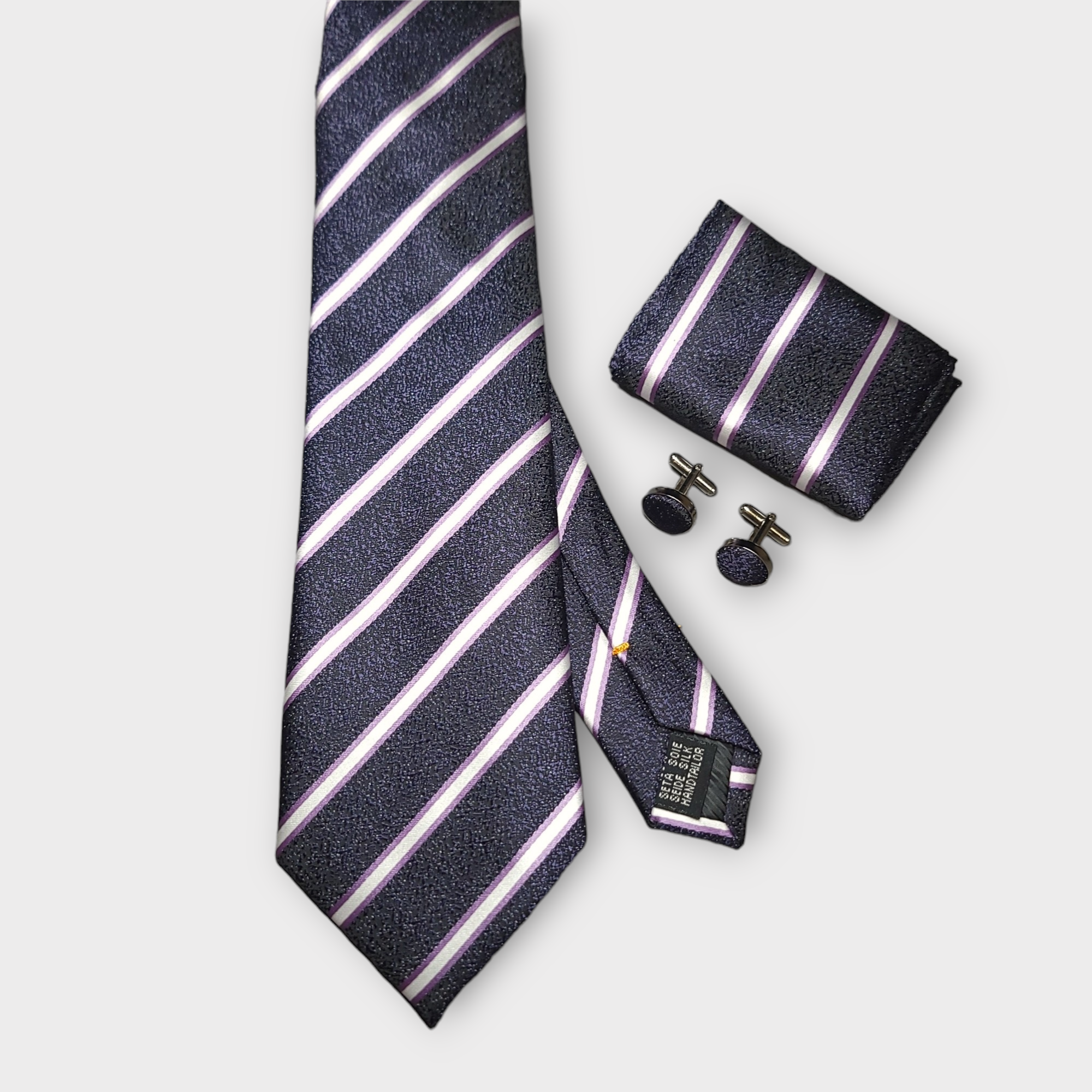 Dark Purple White Stripe Silk Tie Pocket Square Cufflink Set