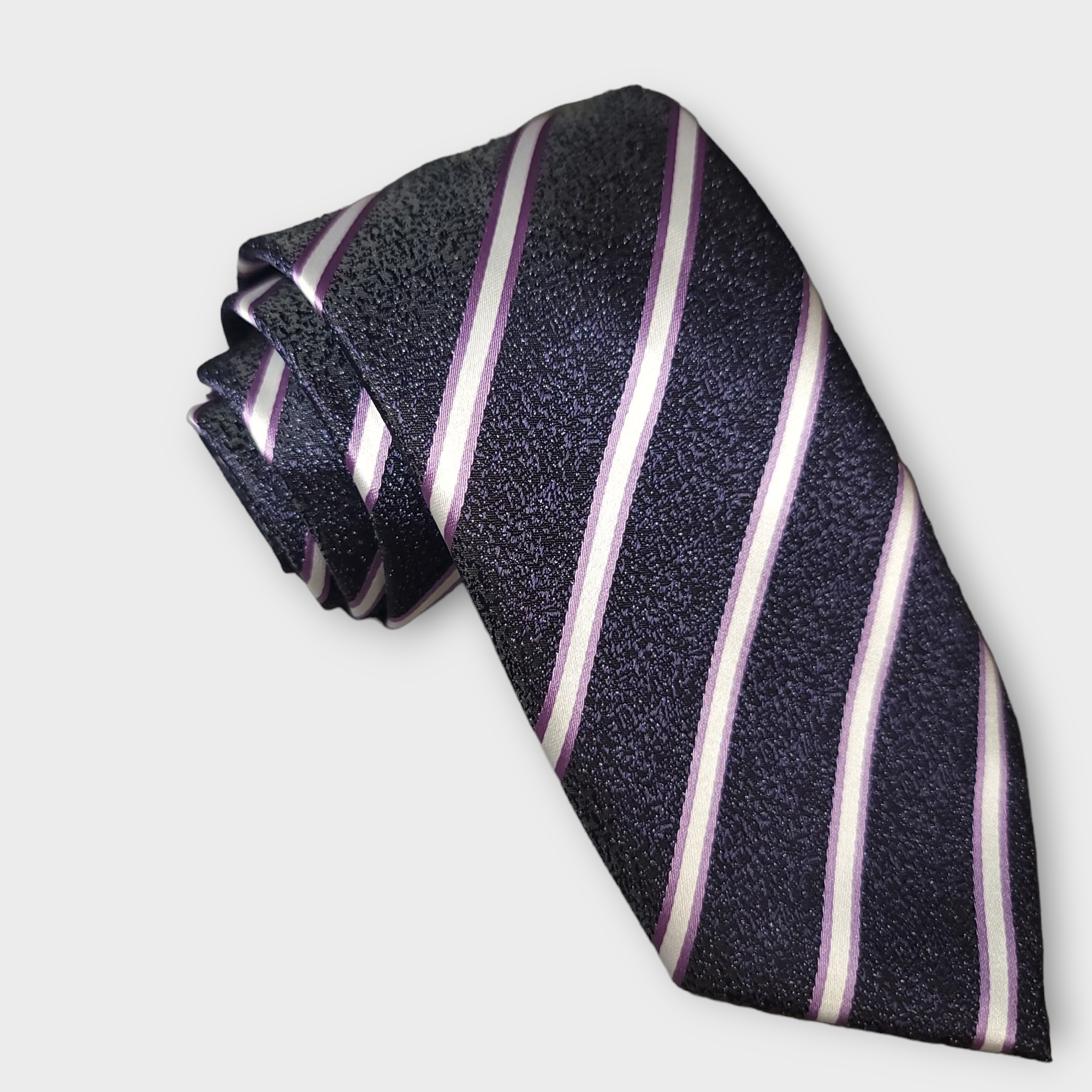 Dark Purple White Stripe Silk Tie Pocket Square Cufflink Set
