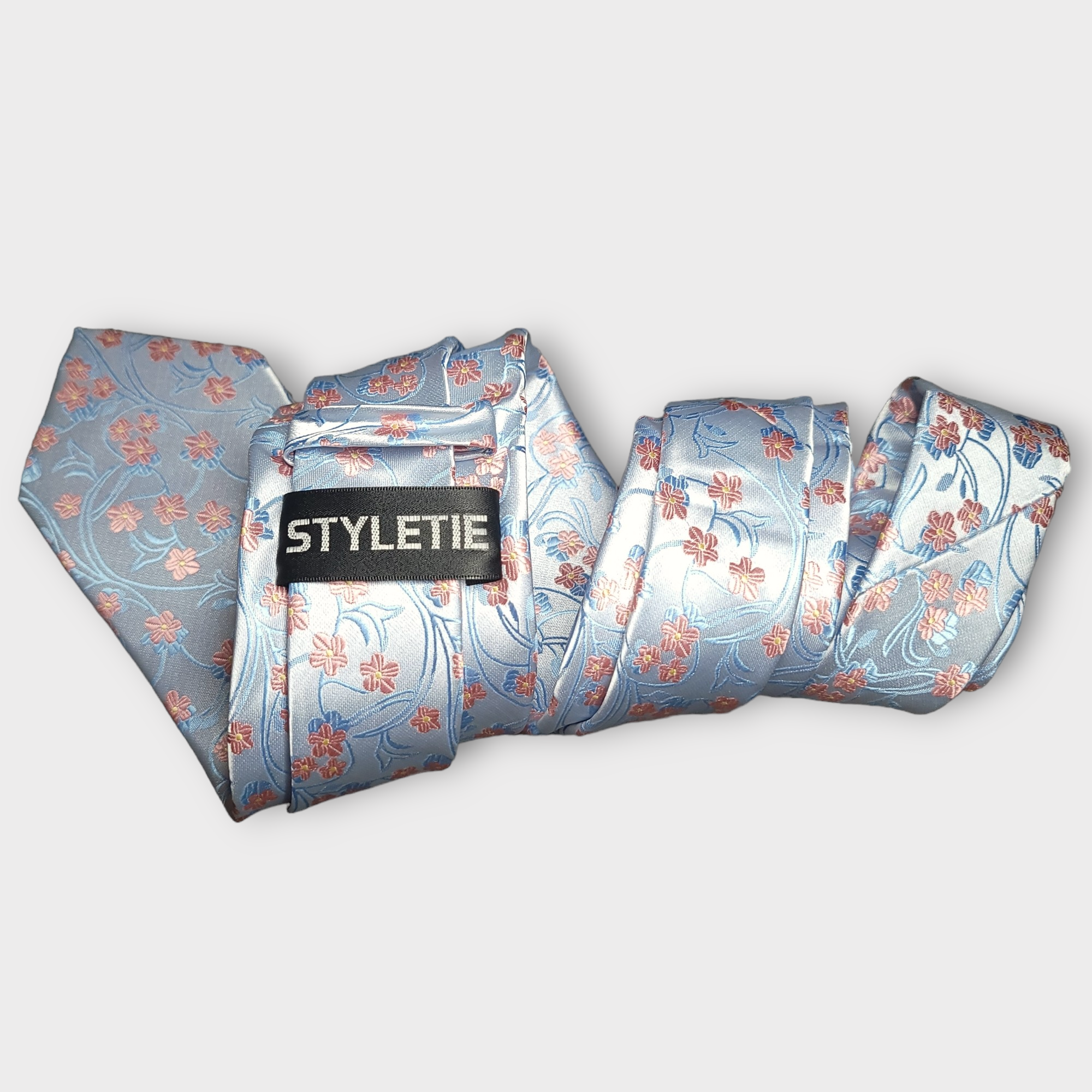Light Blue Pink Floral Silk Tie Pocket Square Cufflink Set
