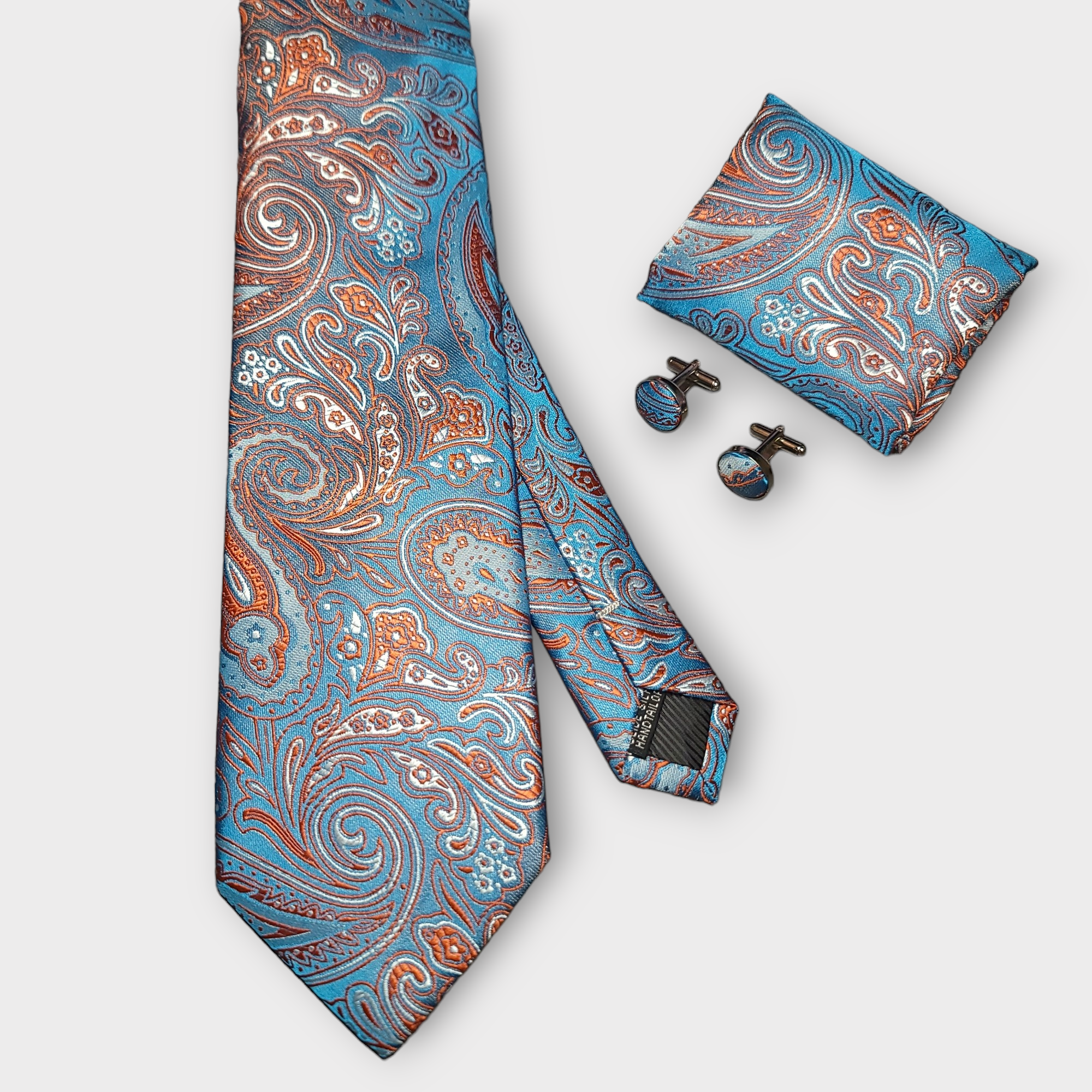 Orange Blue Paisley Silk Tie Pocket Square Cufflink Set