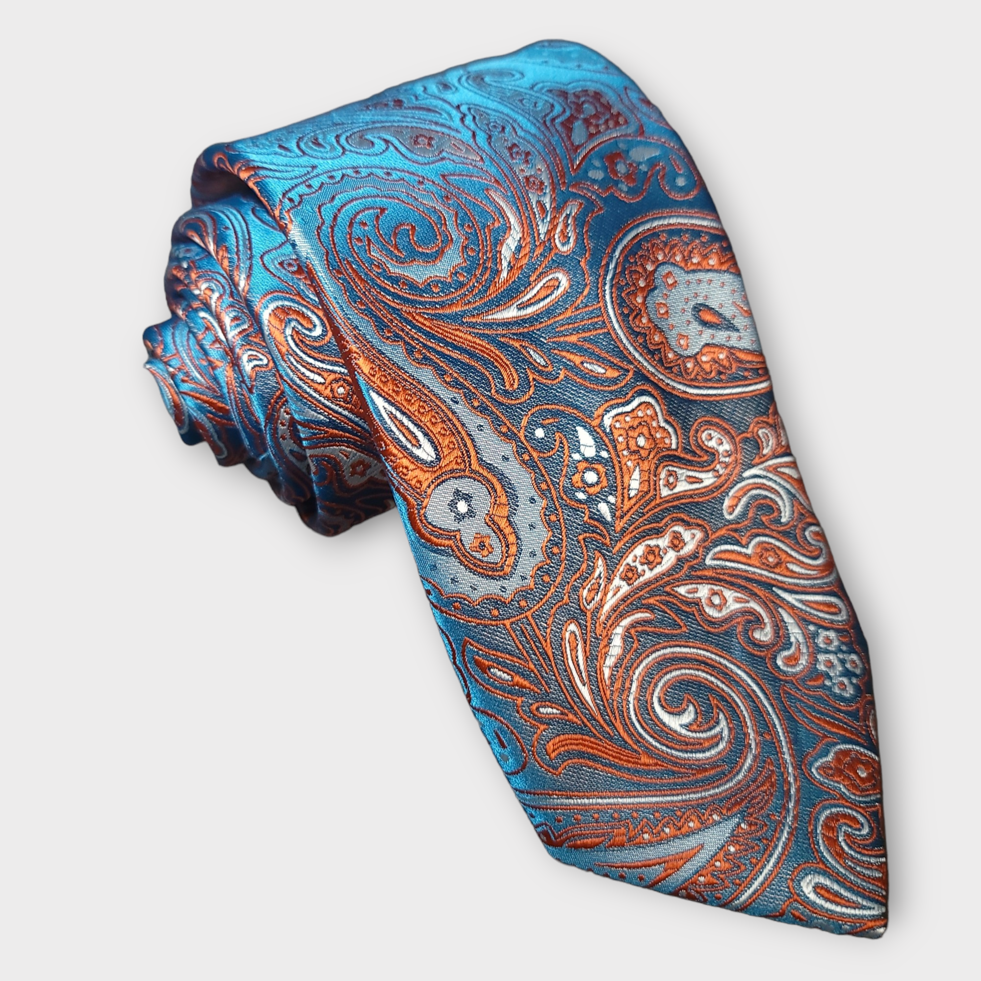 Orange Blue Paisley Silk Tie Pocket Square Cufflink Set