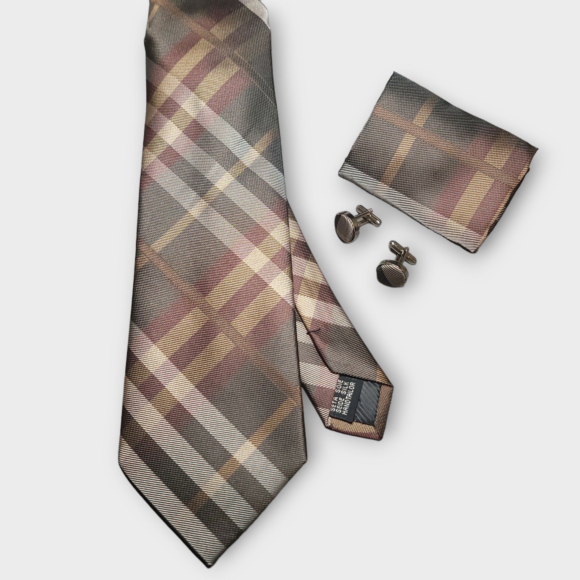 Brown Plaid Silk Tie Pocket Square Cufflink Set