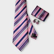Pink Blue Stripe Silk Tie Pocket Square Cufflink Set