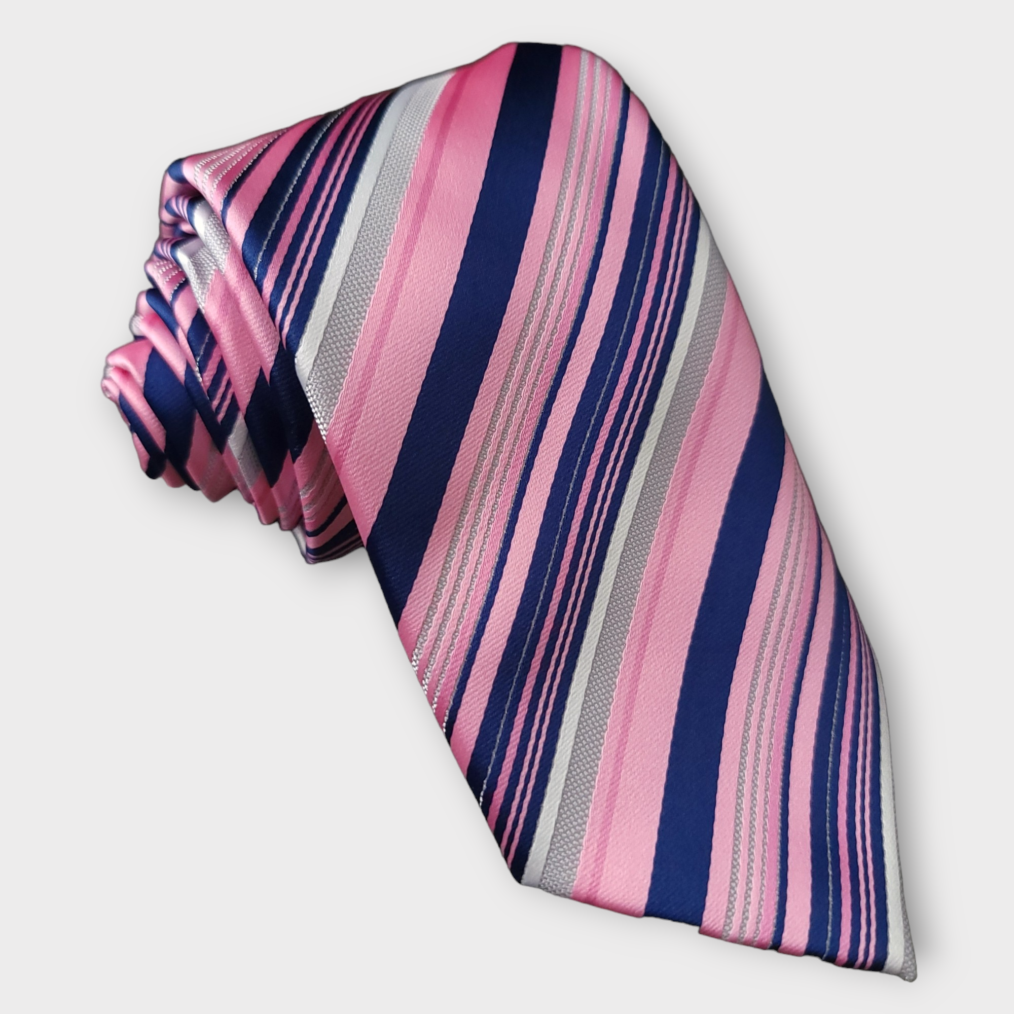 Pink Blue Stripe Silk Tie Pocket Square Cufflink Set