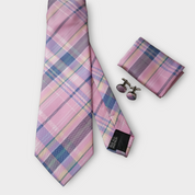 Pink Blue Plaid Silk Tie Pocket Square Cufflink Set