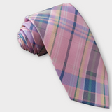 Pink Blue Plaid Silk Tie Pocket Square Cufflink Set
