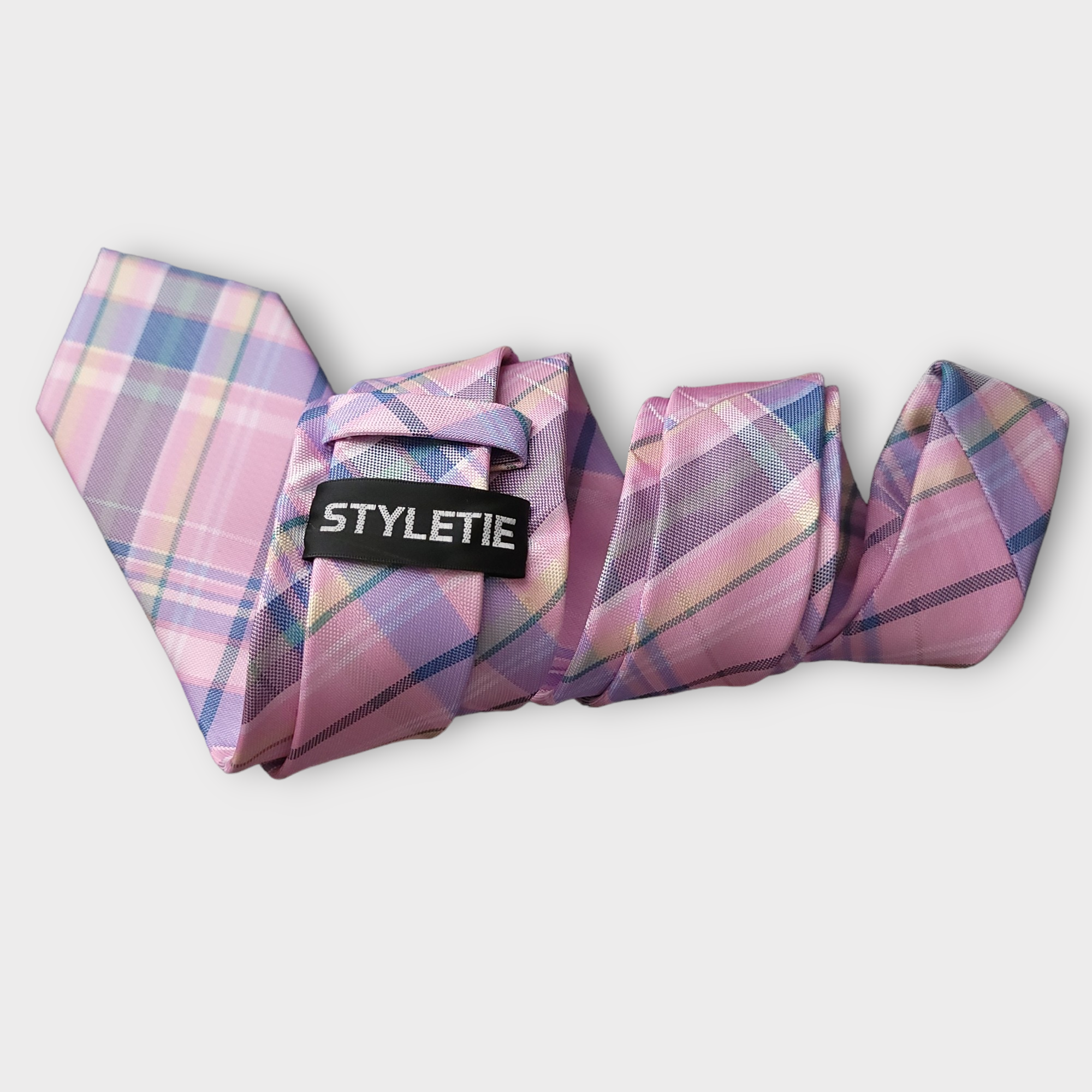 Pink Blue Plaid Silk Tie Pocket Square Cufflink Set