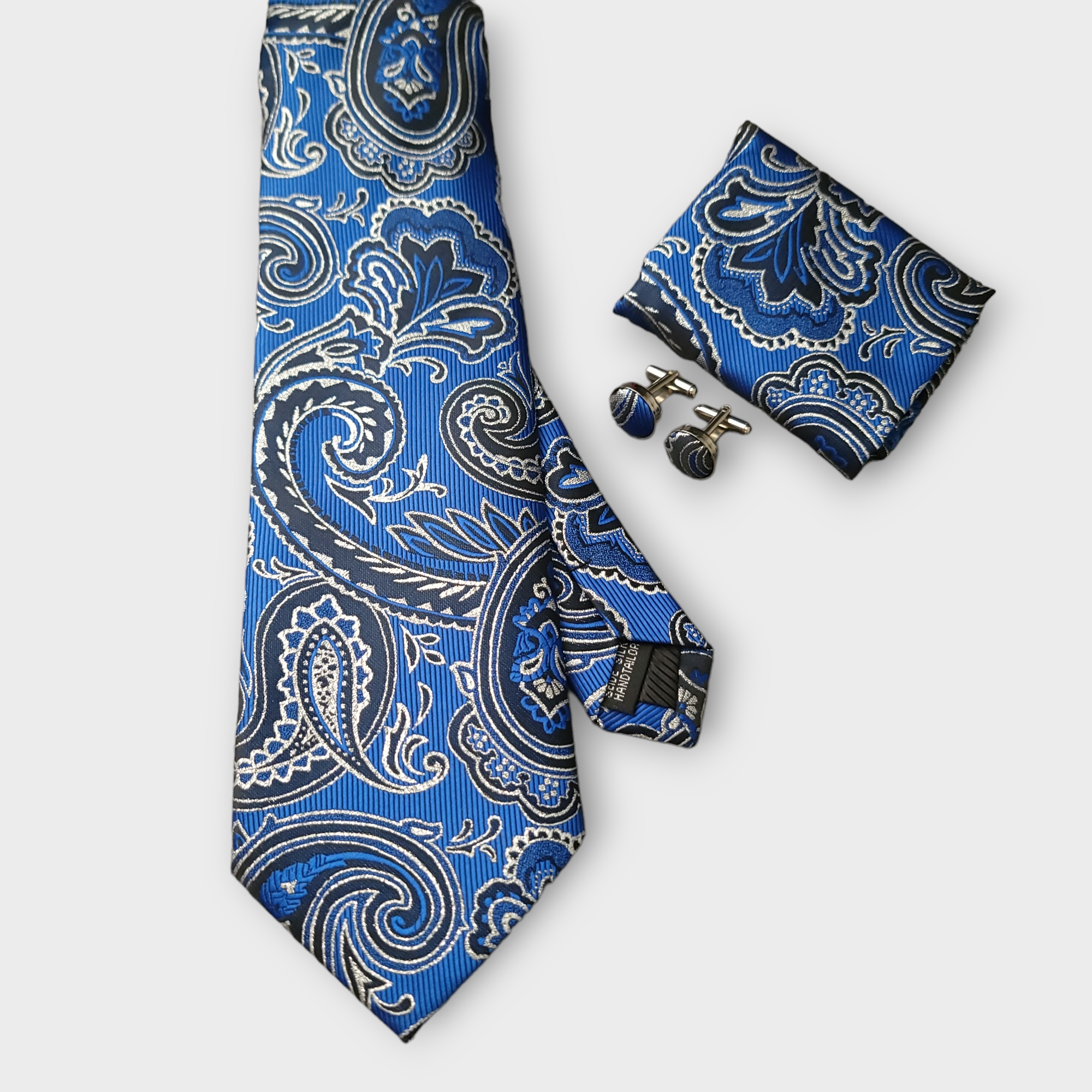 Bright Blue Silver Paisley Silk Tie Pocket Square Cufflink Set