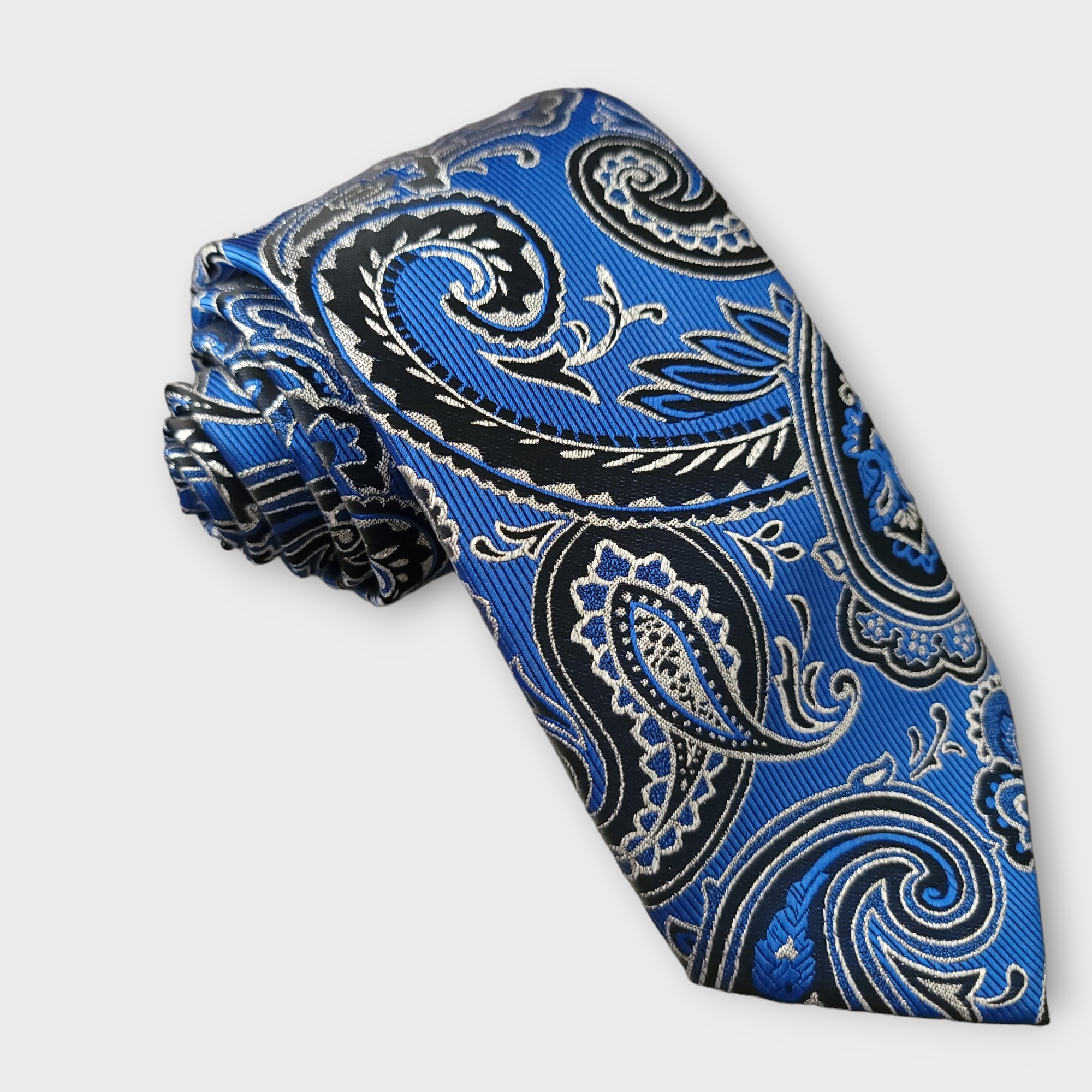 Bright Blue Silver Paisley Silk Tie Pocket Square Cufflink Set