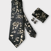 Yellow Black Floral Silk Tie Pocket Square Cufflink Set