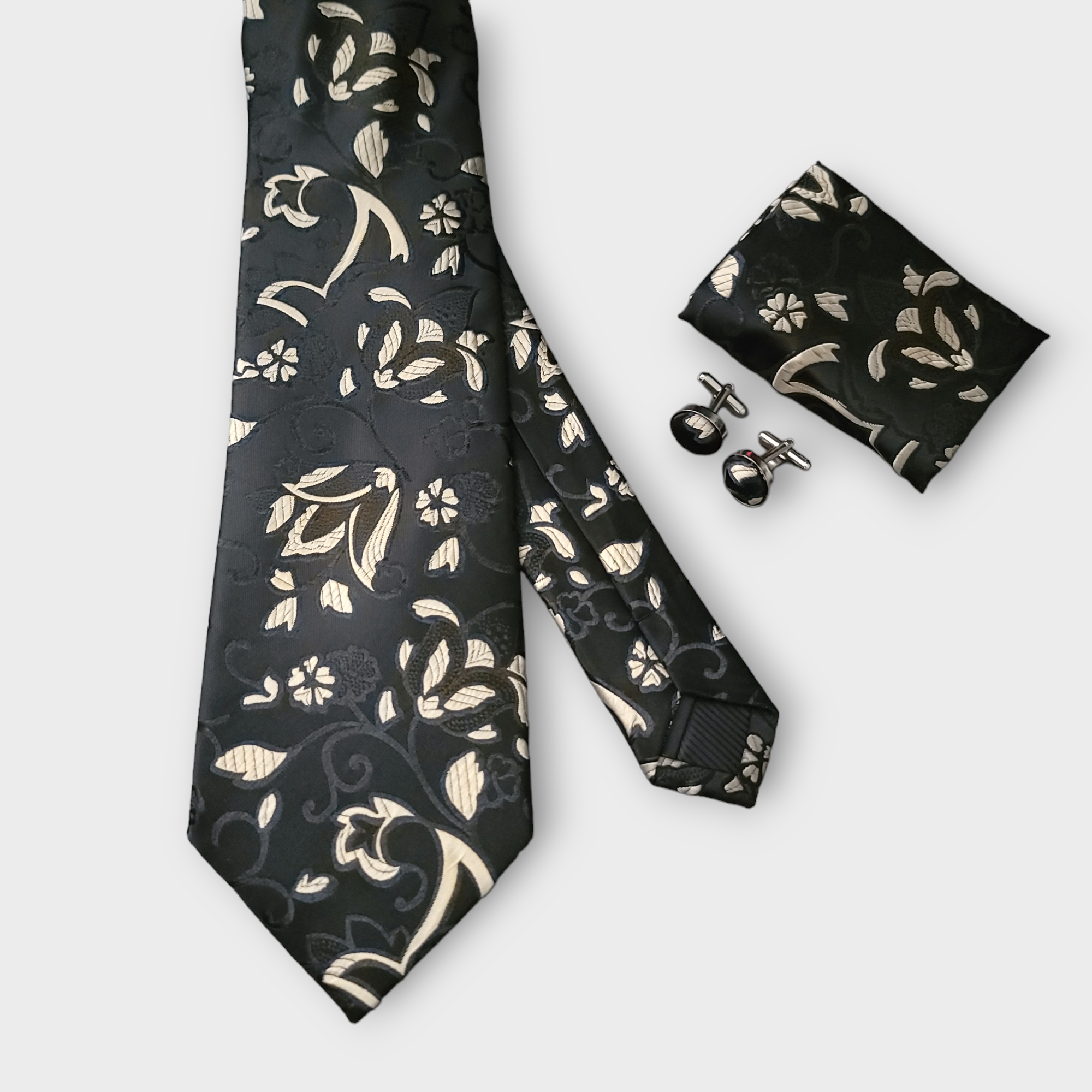 Yellow Black Floral Silk Tie Pocket Square Cufflink Set
