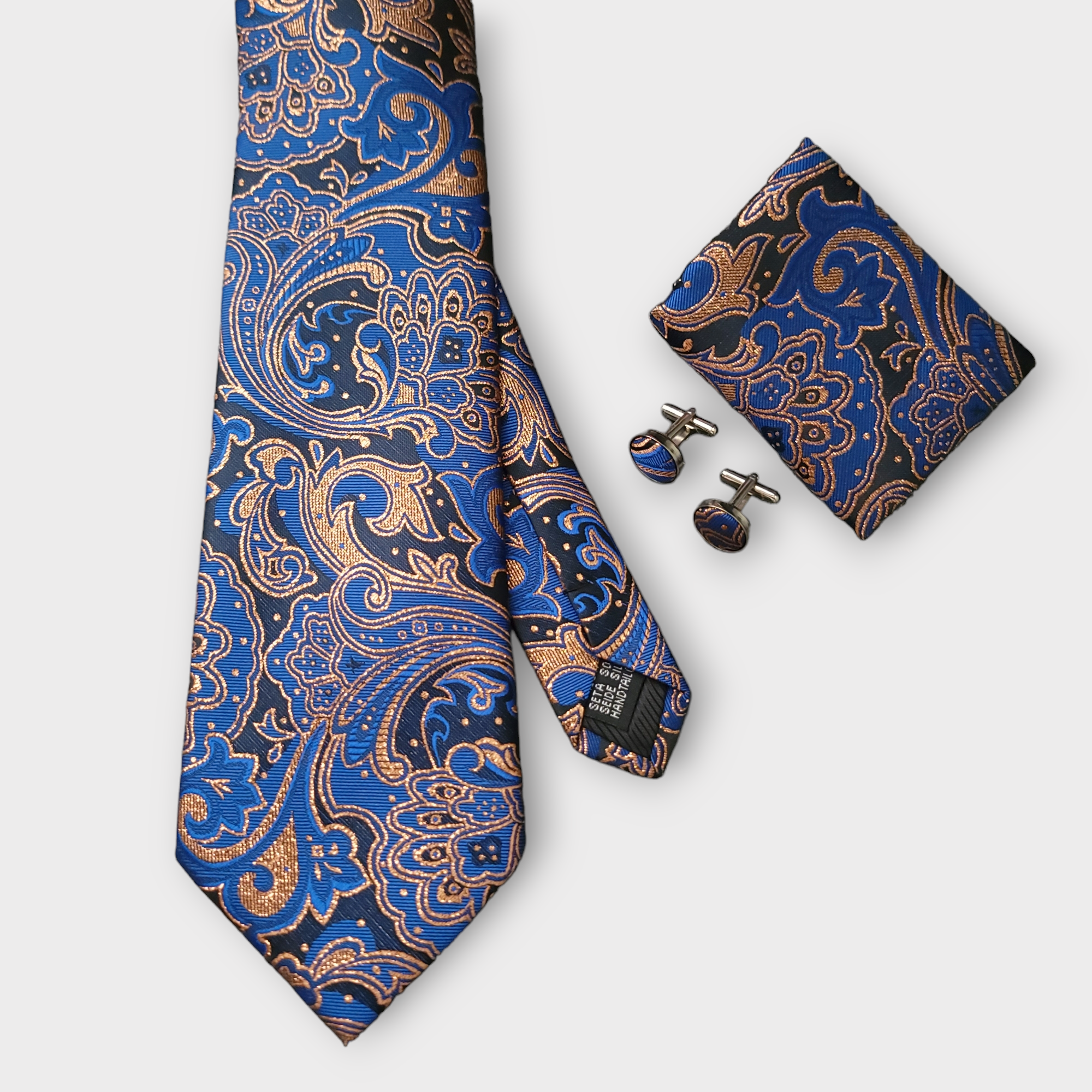 Navy Blue Gold Brown Silk Tie Pocket Square Cufflink Set