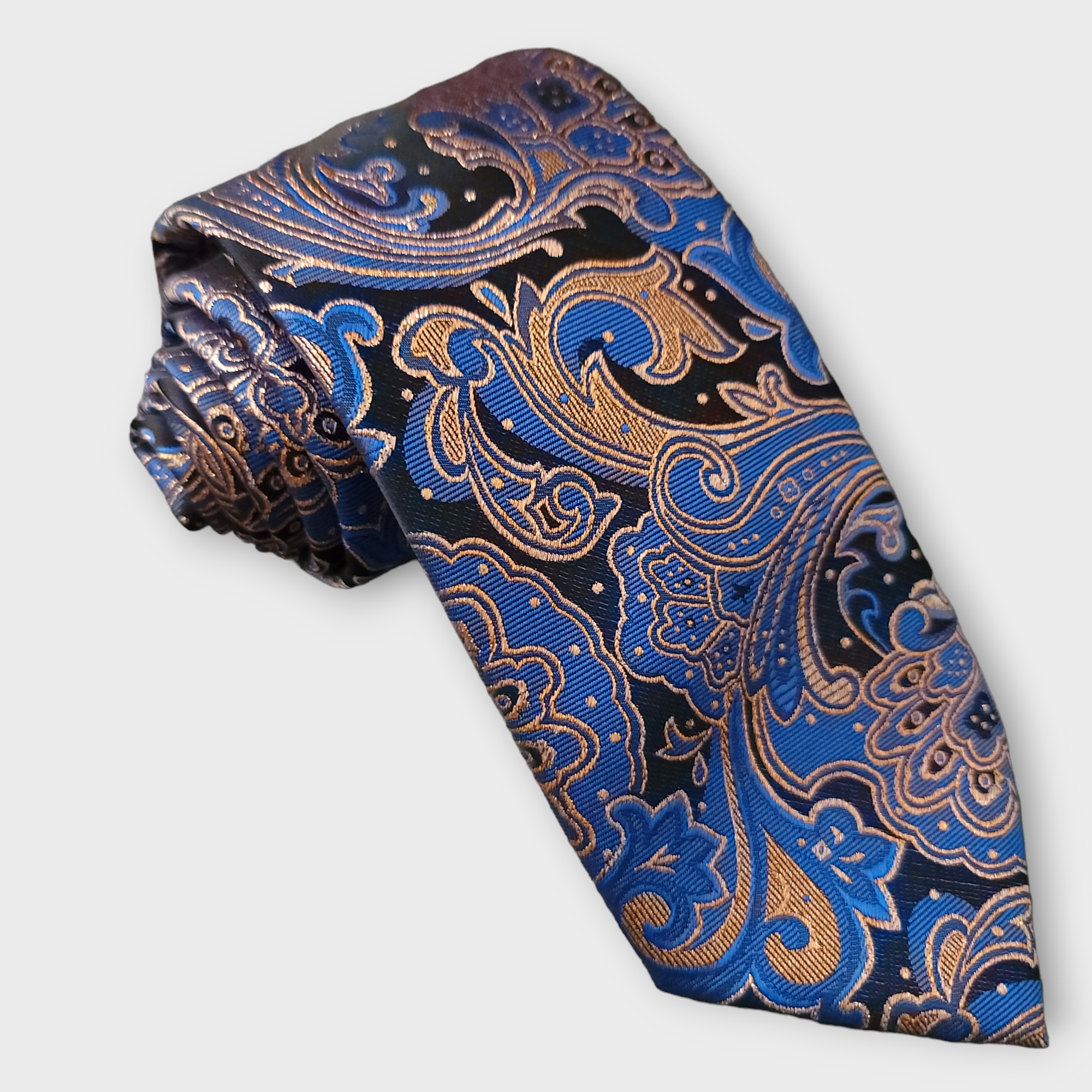 Navy Blue Gold Brown Silk Tie Pocket Square Cufflink Set