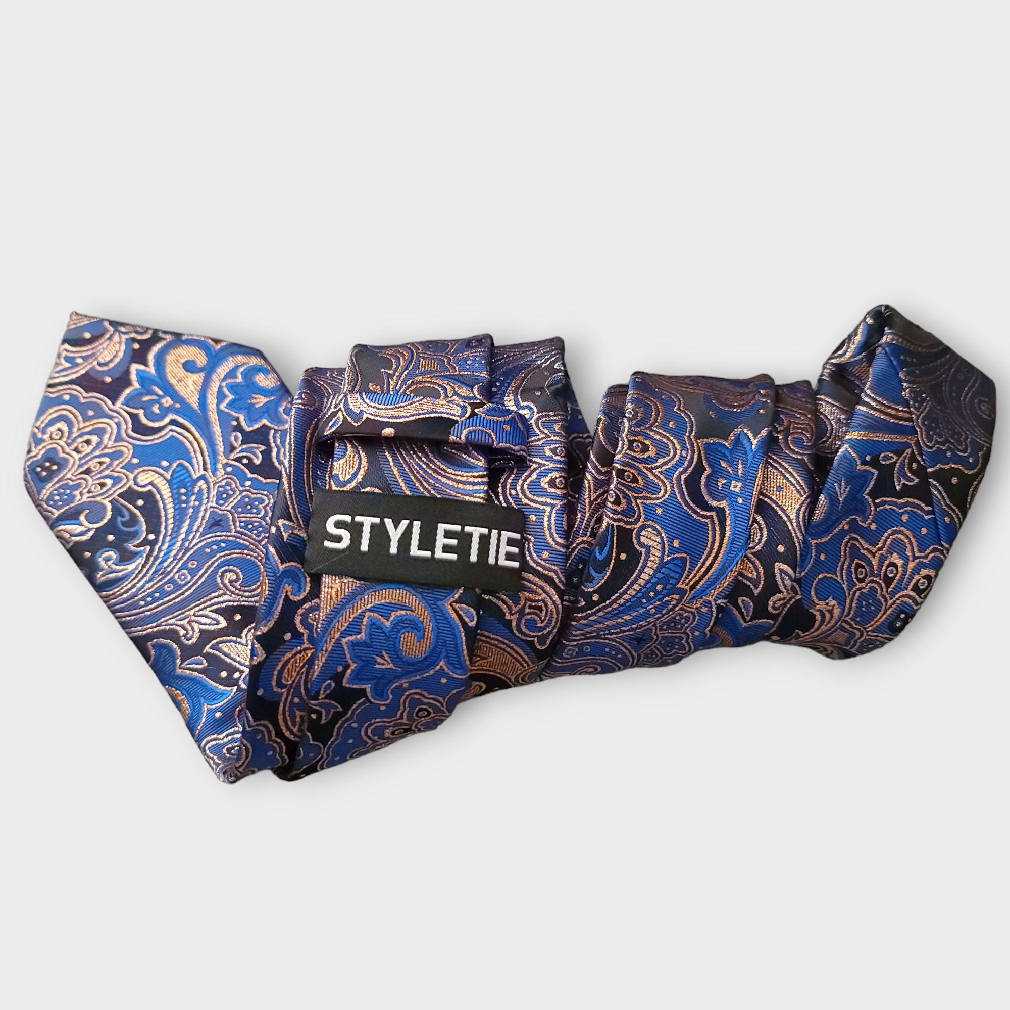 Navy Blue Gold Brown Silk Tie Pocket Square Cufflink Set