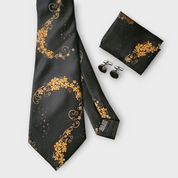 Black Gold Copper Flower Silk Tie Pocket Square Cufflink Set
