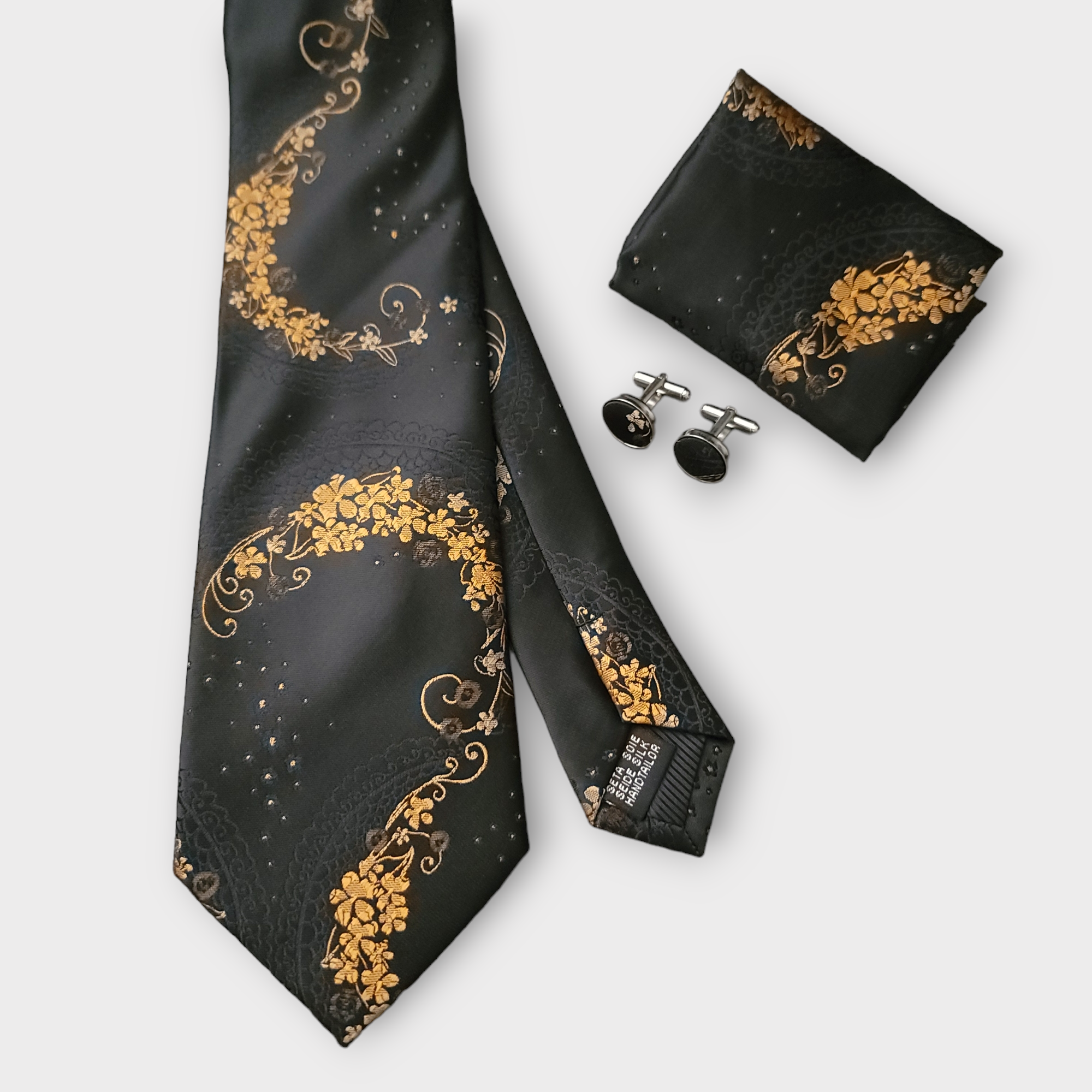 Black Gold Copper Flower Silk Tie Pocket Square Cufflink Set