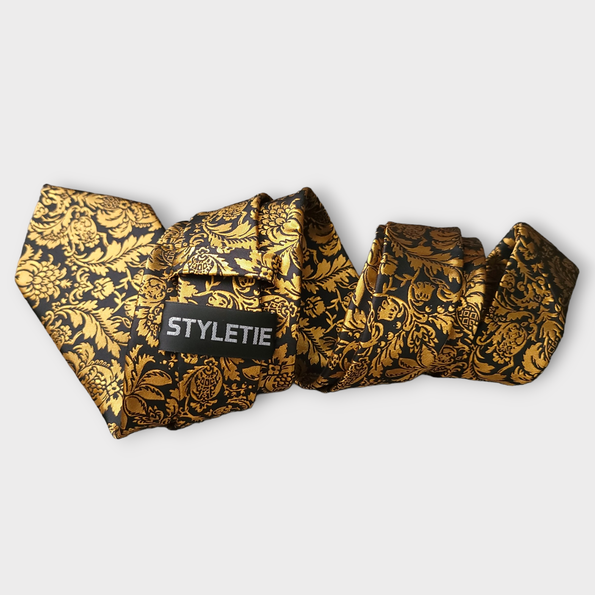 Black Gold Copper Floral Silk Tie Pocket Square Cufflink Set