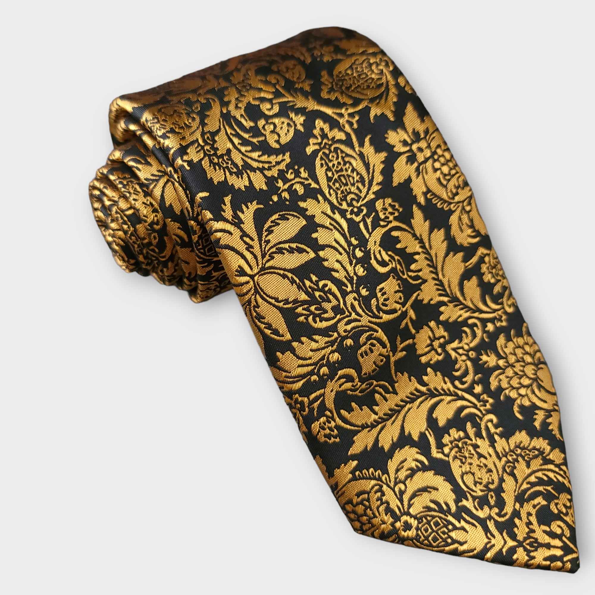 Black Gold Copper Floral Silk Tie Pocket Square Cufflink Set